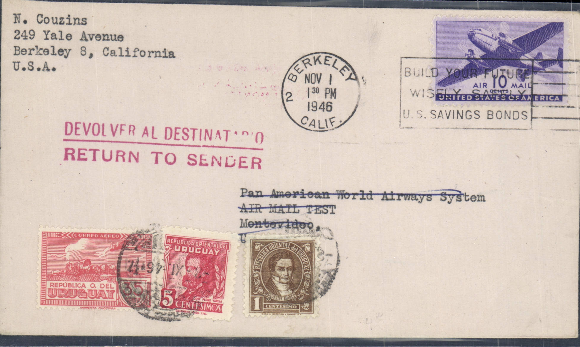 Lettre Etats Unis Flight to Uruguay 1 11 1946