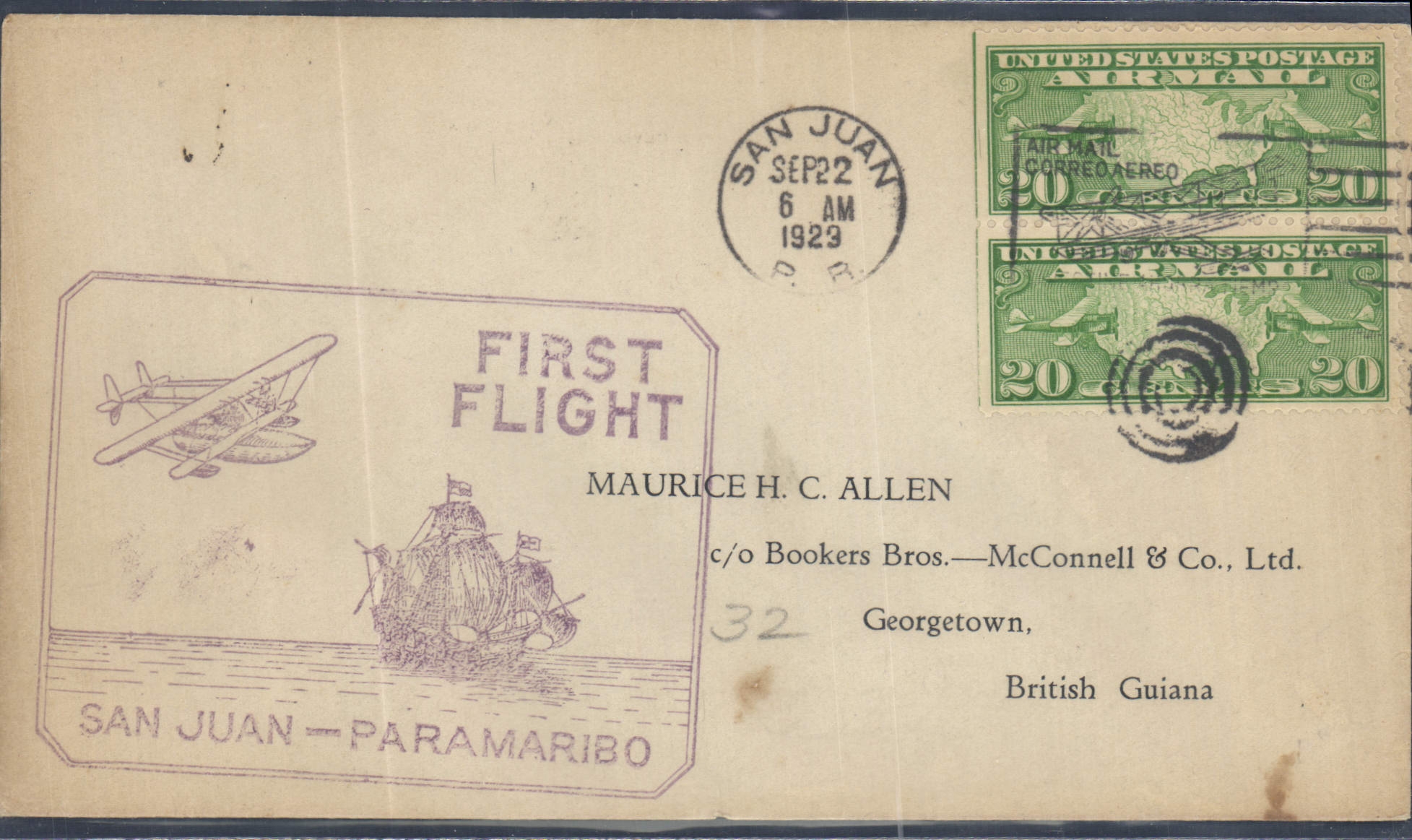 Lettre Etats Unis 1st flight San Juan Paramaribo 22 9 1923