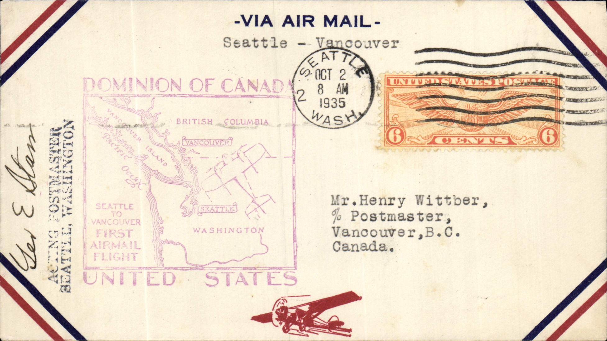 Letter the United States 1st flight Seattle to Vancouver 2 10 1935