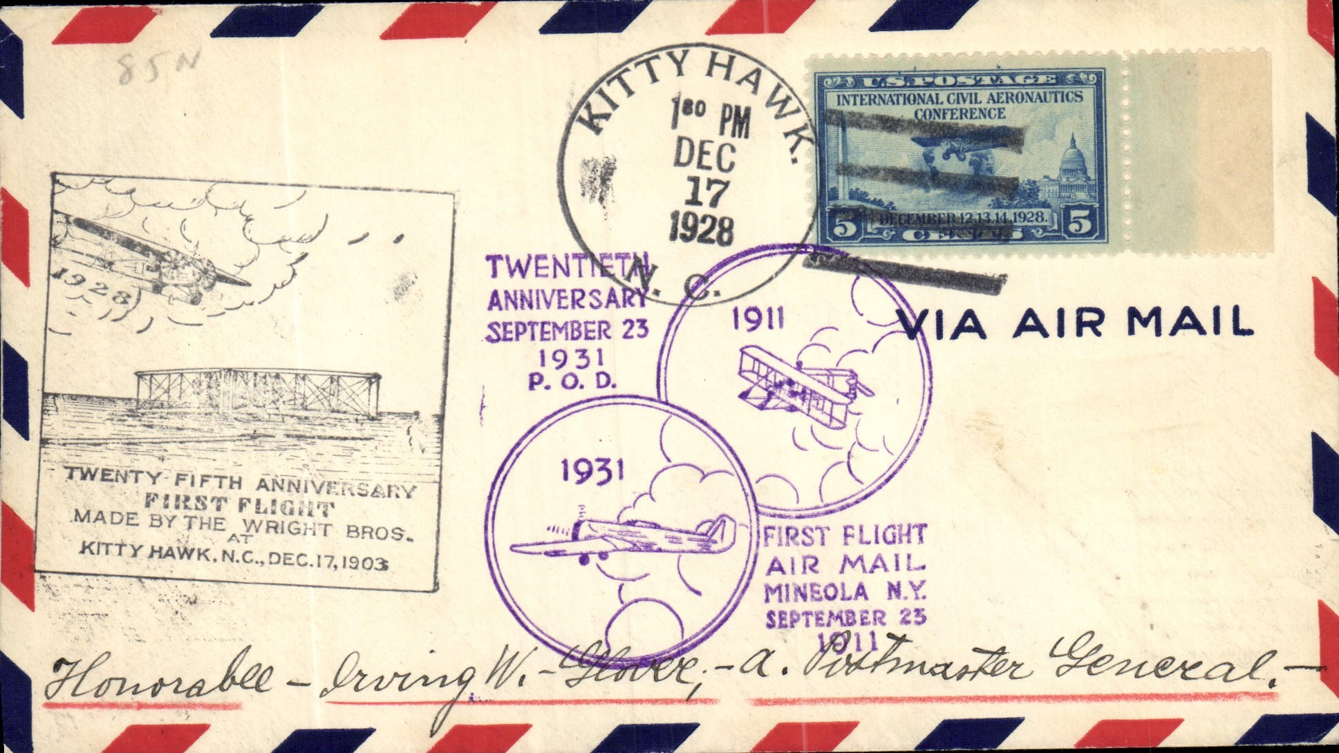 Letter the United States 1st flight Mineola Kitty Hawk 17 12 1928