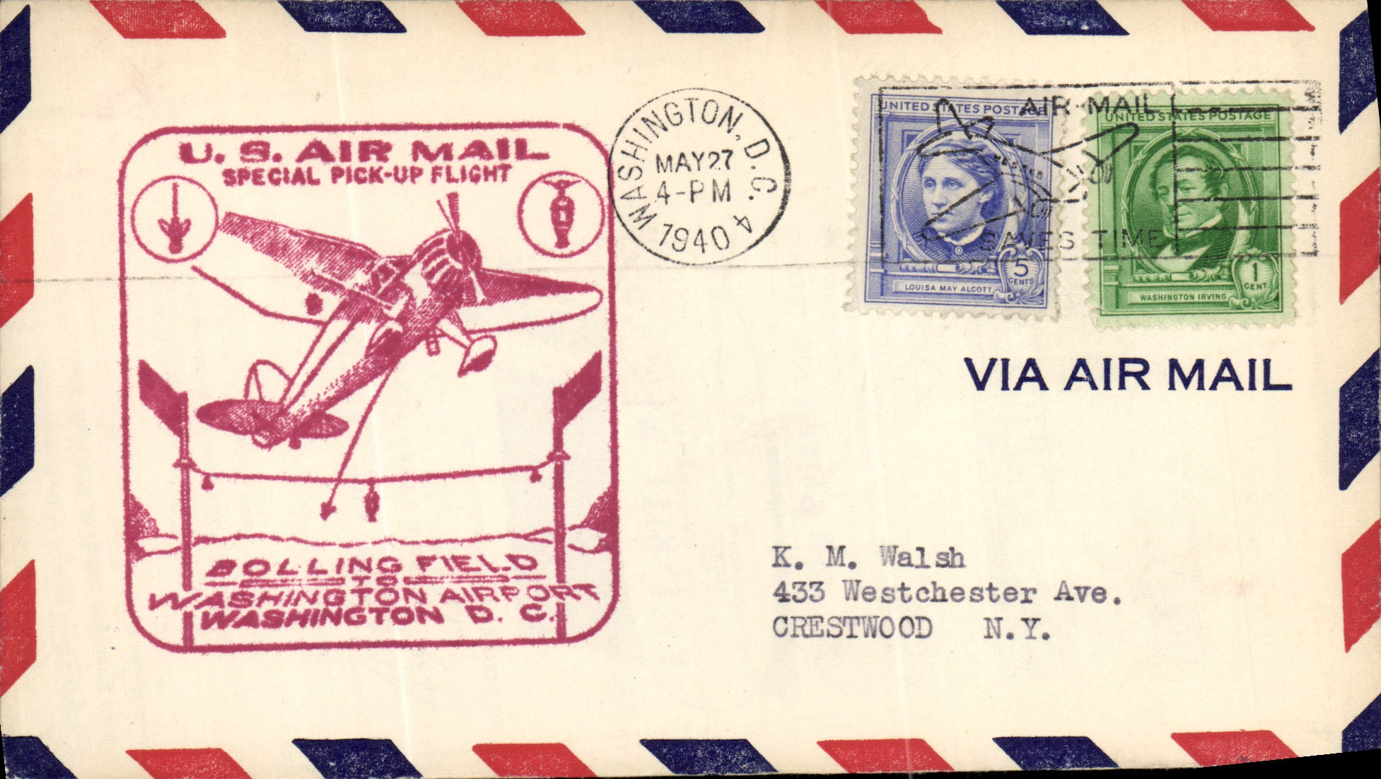 Lettre Etats Unis 1st flight Washington Airport 27 5 1940