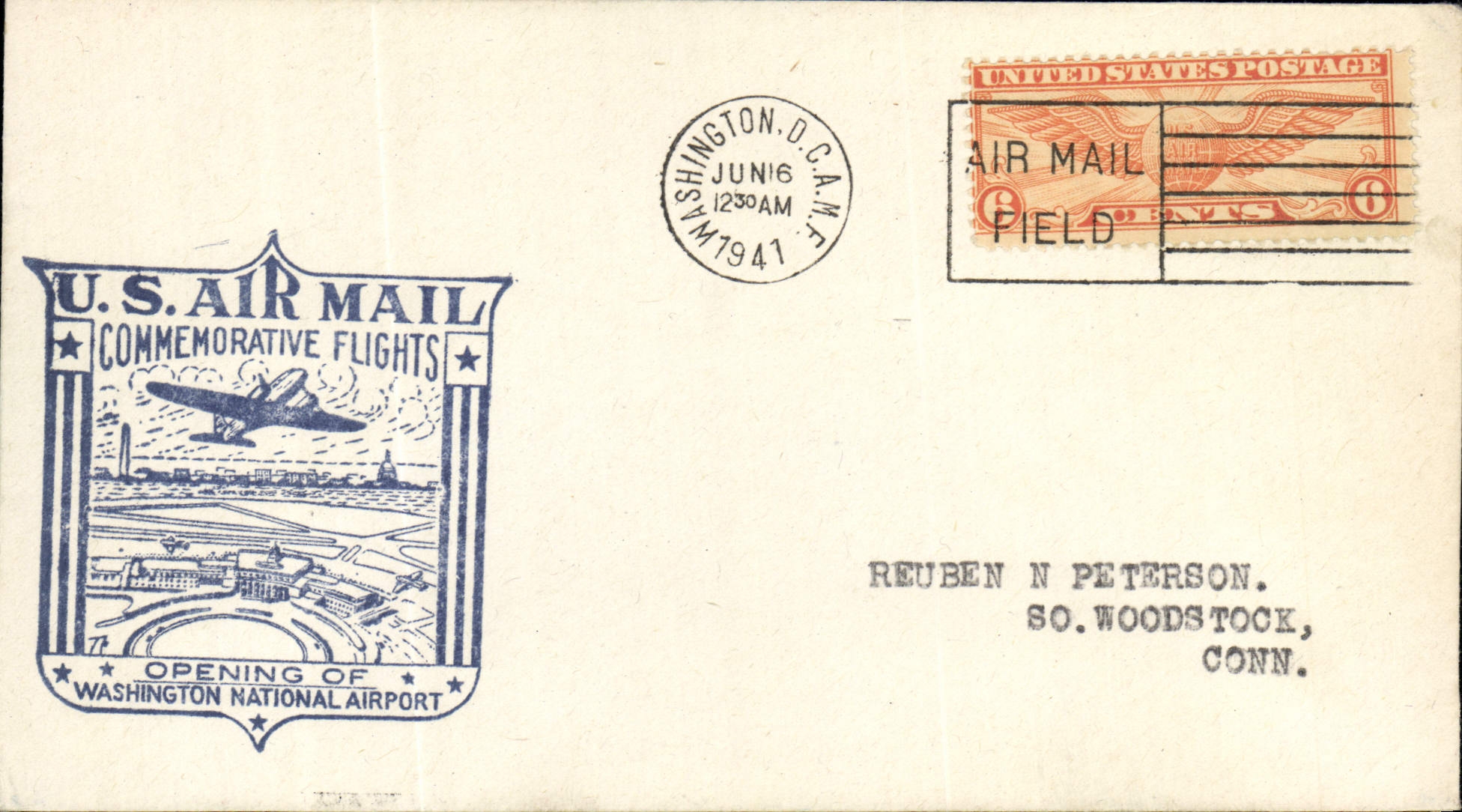 Lettre Etats Unis Washington National Airport 16 6 1941