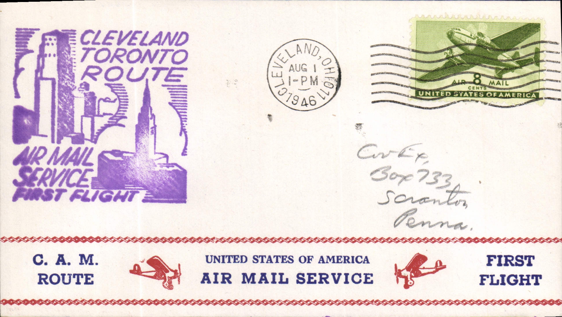 Lettre Etats Unis 1st flight Cleveland Toronto Route 1 8 1946