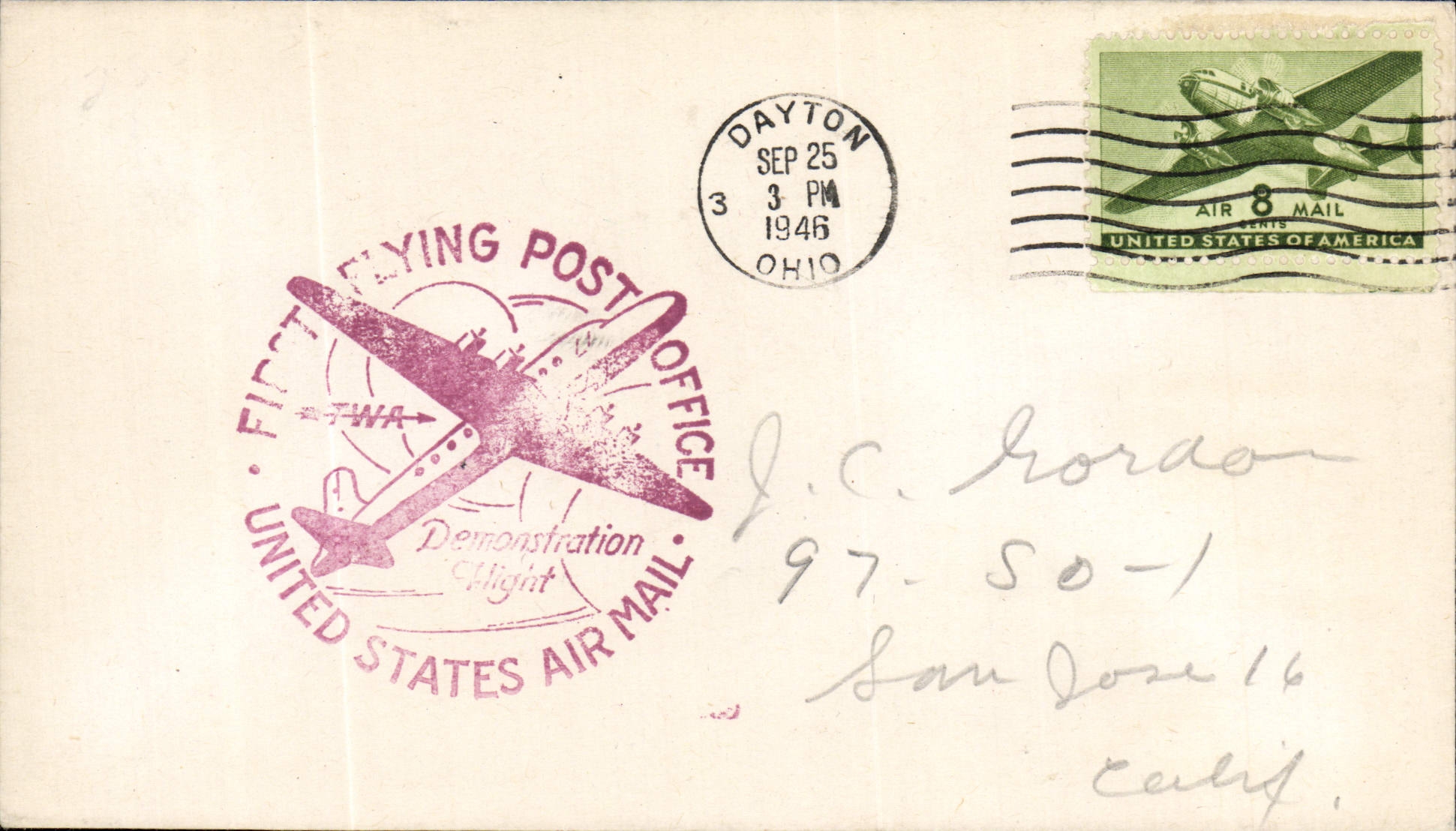 Lettre Etats Unis 1st Flying Post Dayton 25 9 1946