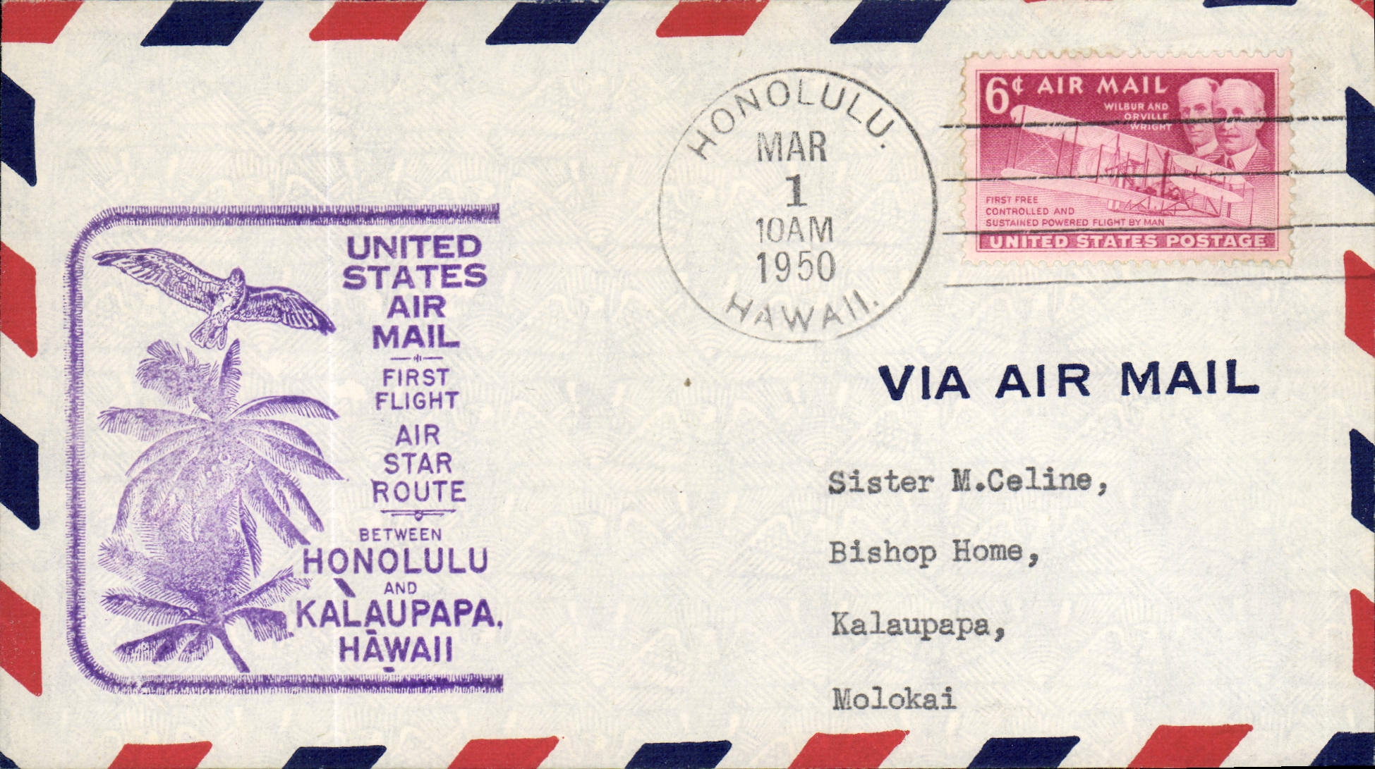 Letter the United States 1st flight Honolulu Hawaii Kalaupapa 1 3 1950