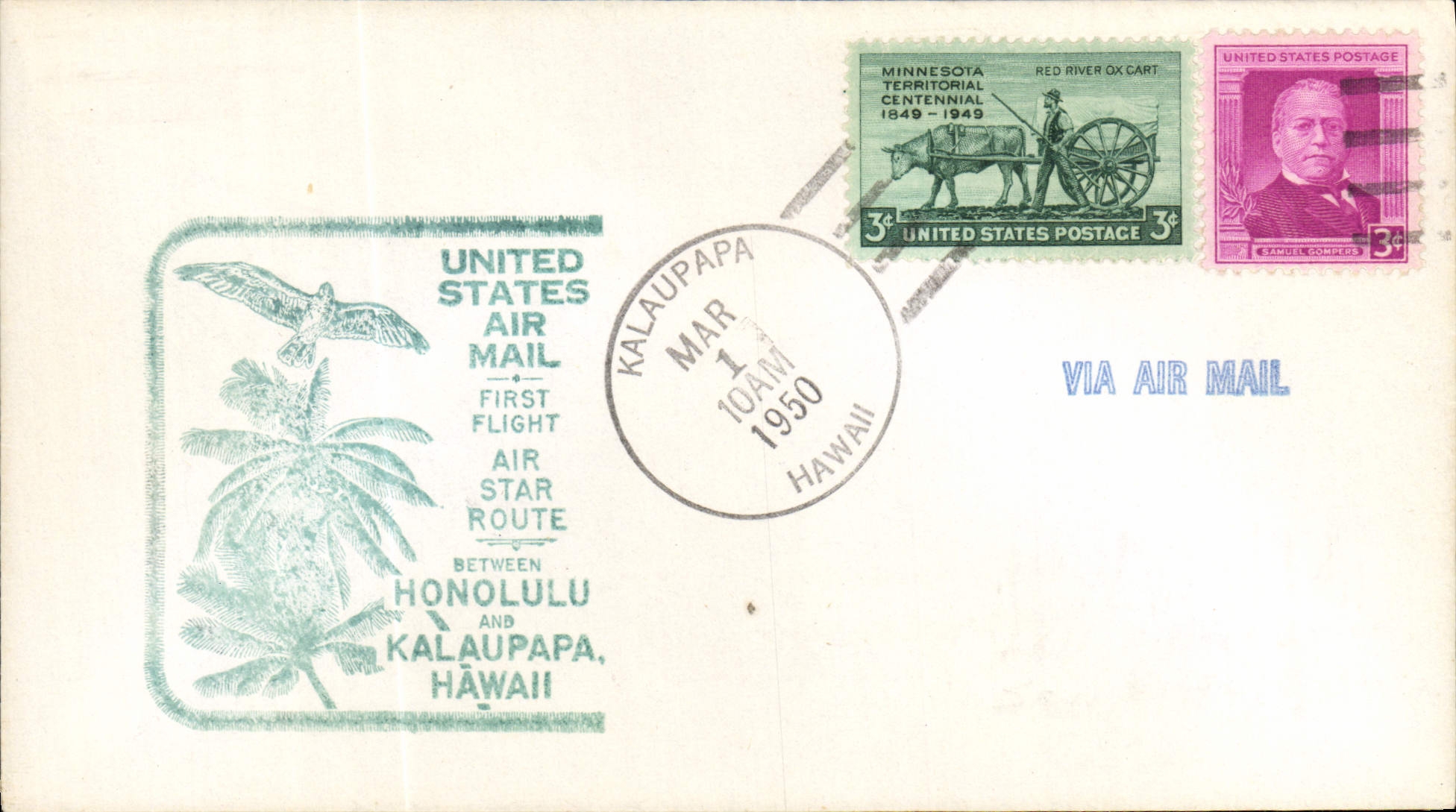 Lettre Etats Unis 1st flight Honolulu Kalaupapa Hawaii 1 3 1950
