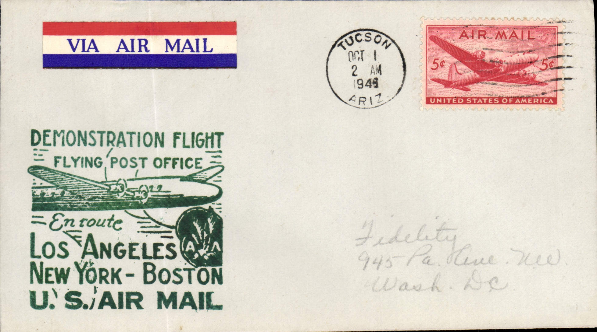 Lettre Etats Unis 1st flight Los Angeles New York Boston Tucson 1 10 1945