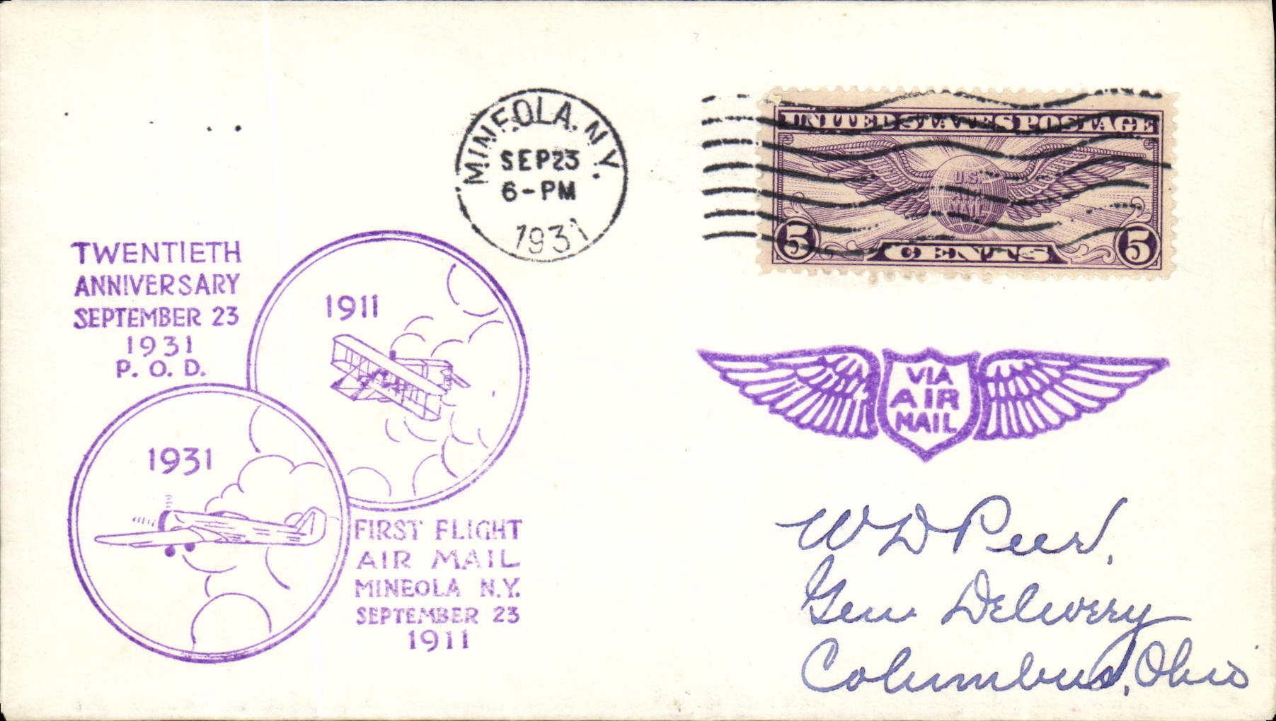 Letter the United States 1st Mineola flight 23 9 1931