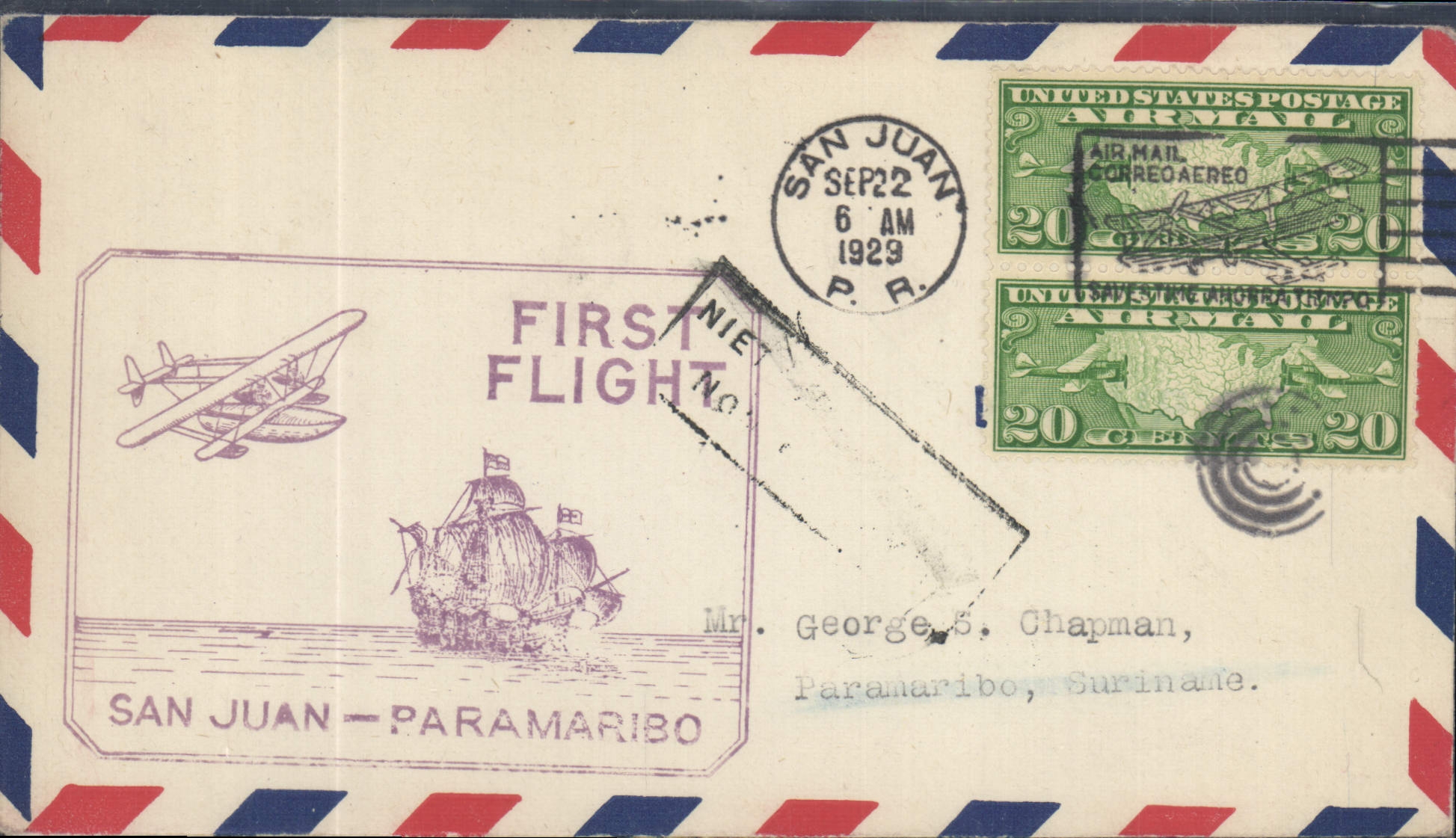 Lettre Etats Unis 1st flight San Juan Paramaribo 22 9 1929