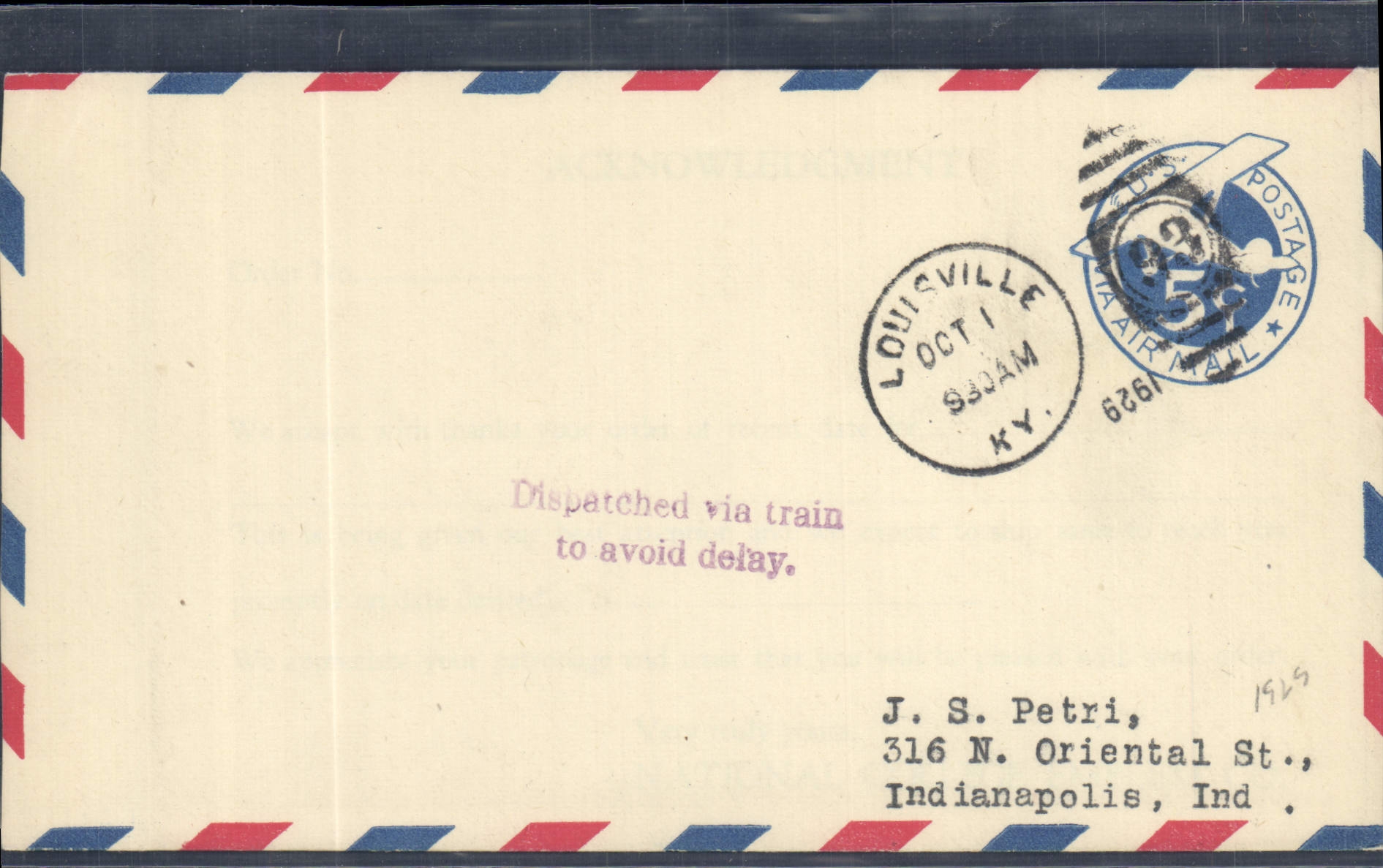 Letter the United States Flight Lousiville 1 10 1929 dispatched by train!