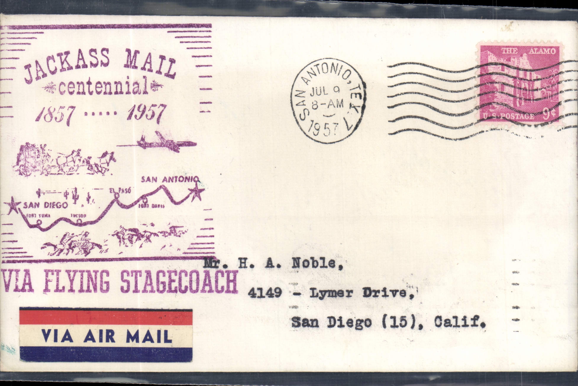 Lettre Etats Unis flight San Antonio San Diego Centennial 1857 1957 9 7 1957