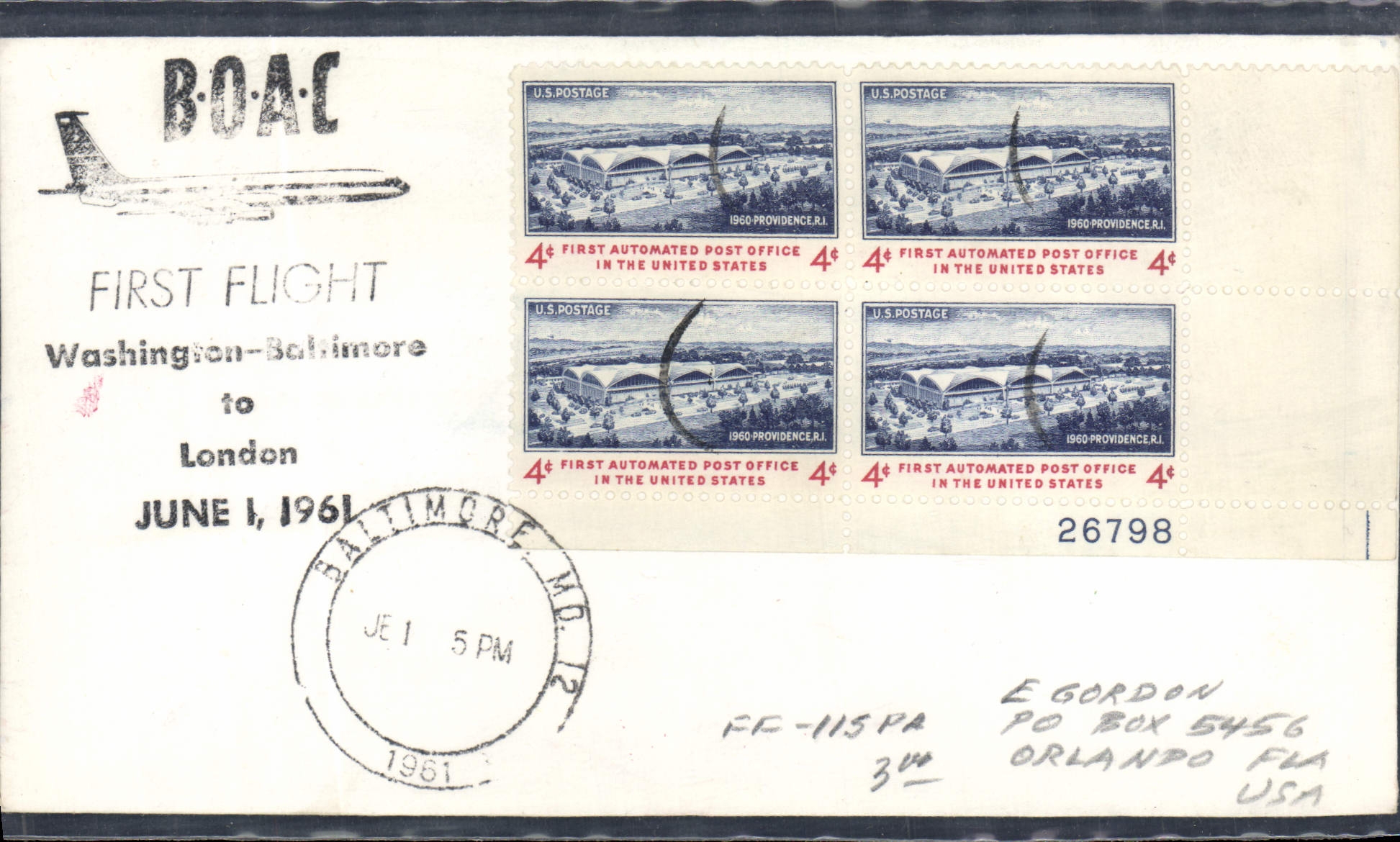 Lettre Etats Unis 1st flight Waashington Baltimore 1 6 1961