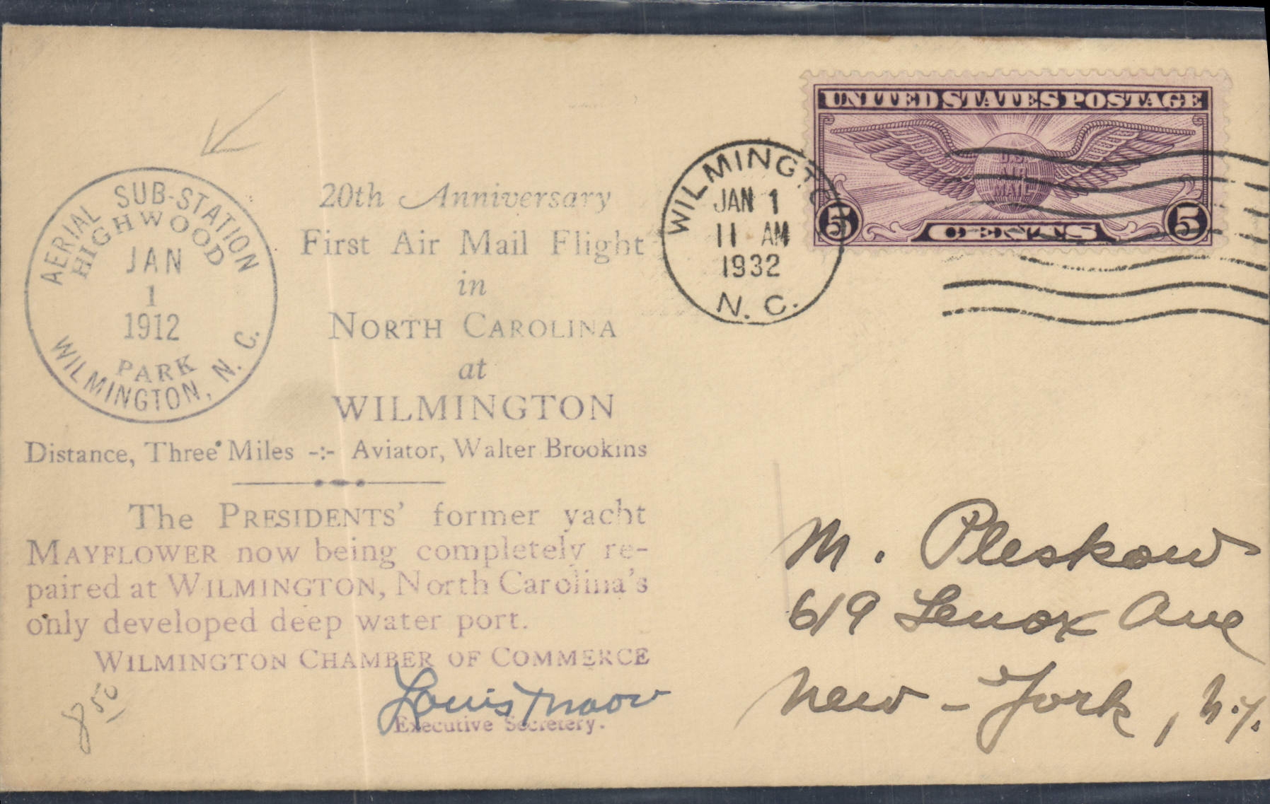 Lettre Etats Unis 1st flight Wilmington N Carolina Aerial sub Station 1 1 1932