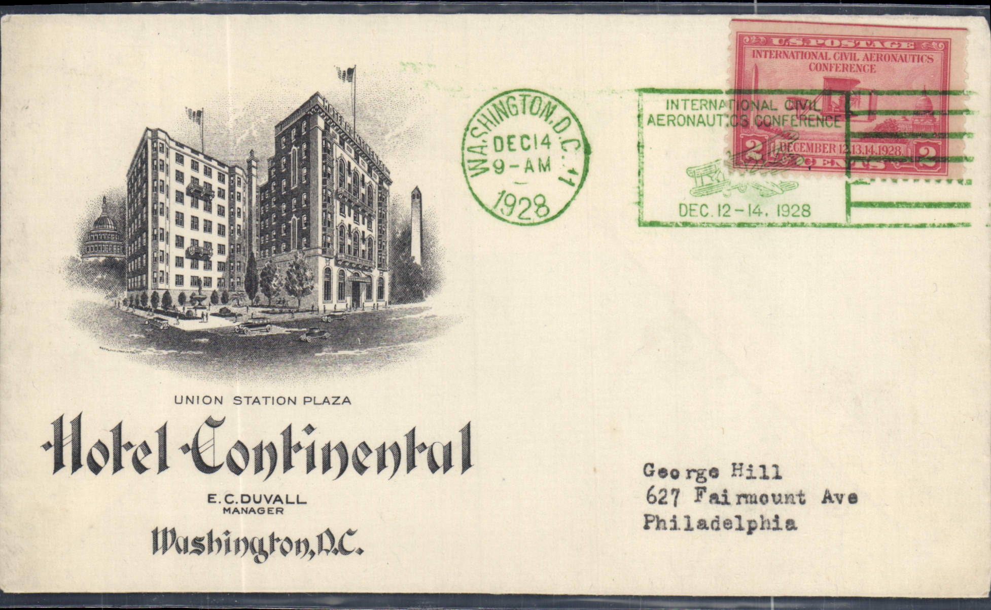 Lettre Etats Unis Hotel Continental Washington 14 12 1928