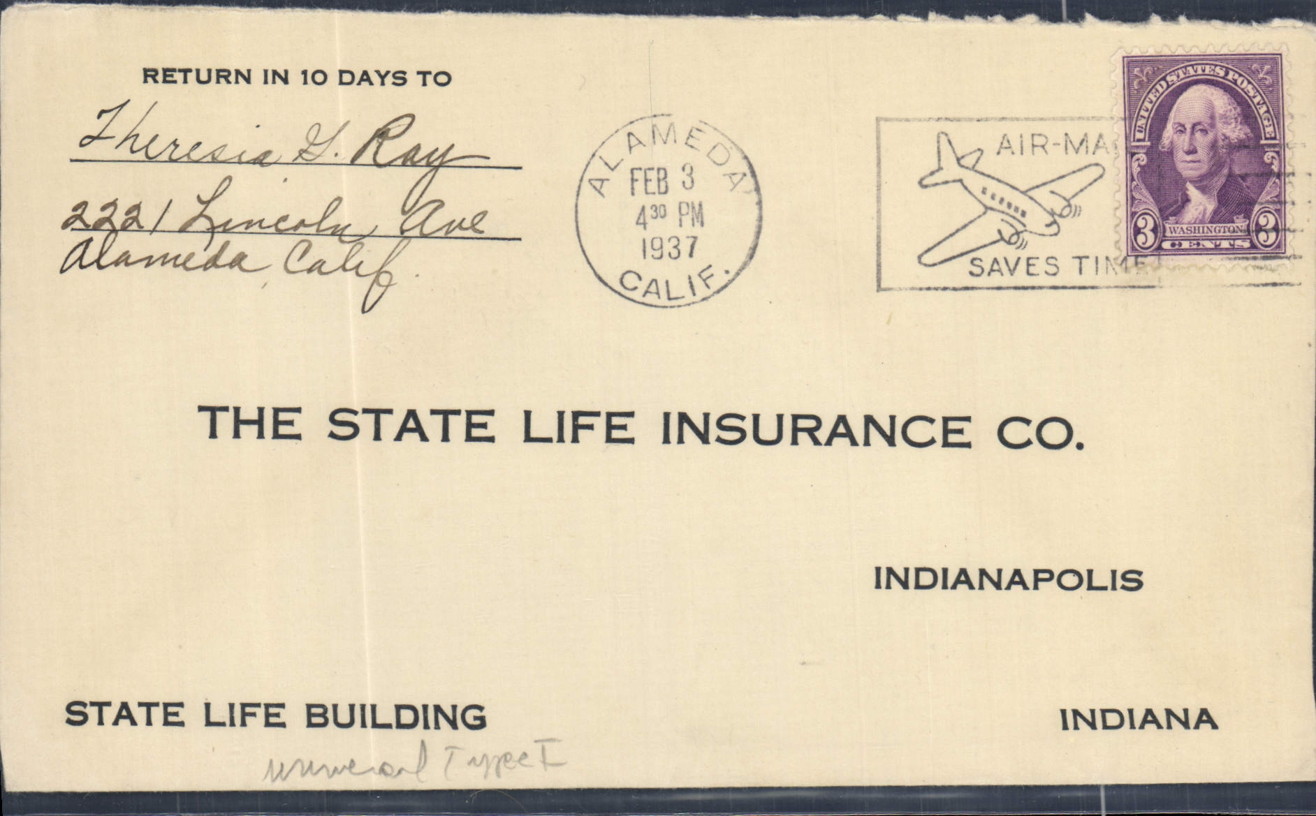 Lettre Etats Unis Flight Alameda 3 2 1937 to Indianopolis 