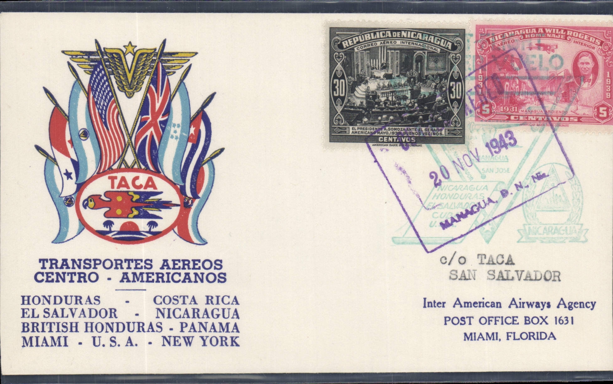 Letter Flight Nicaragua to Miami 20 1943