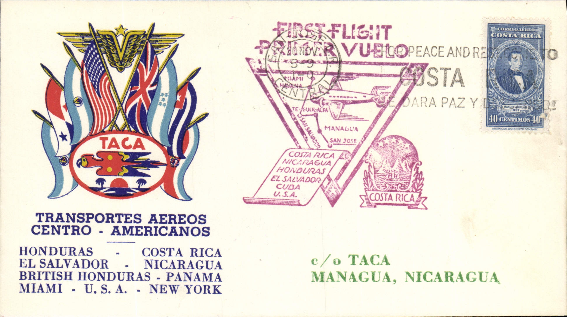 Letter Flight Costa Rica to Managua Nicaragua 20 11 1943