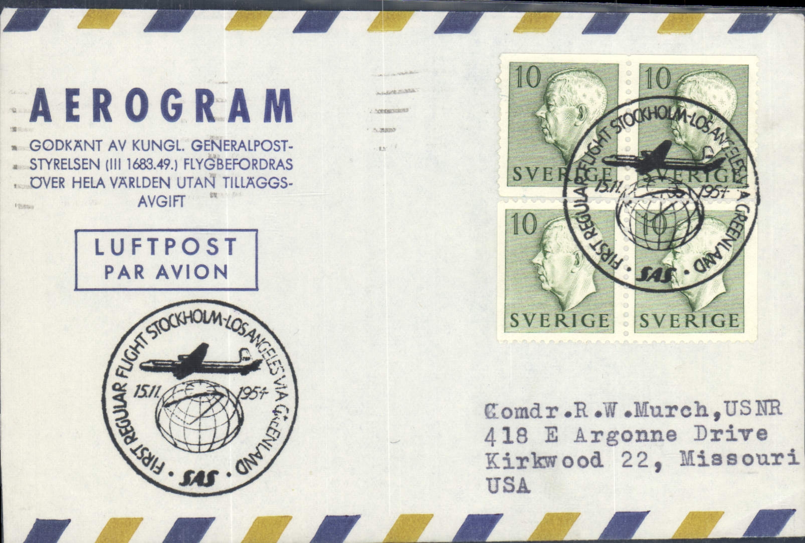 Air letter Sweden Sotckholm Los Angeles 15 1 1954