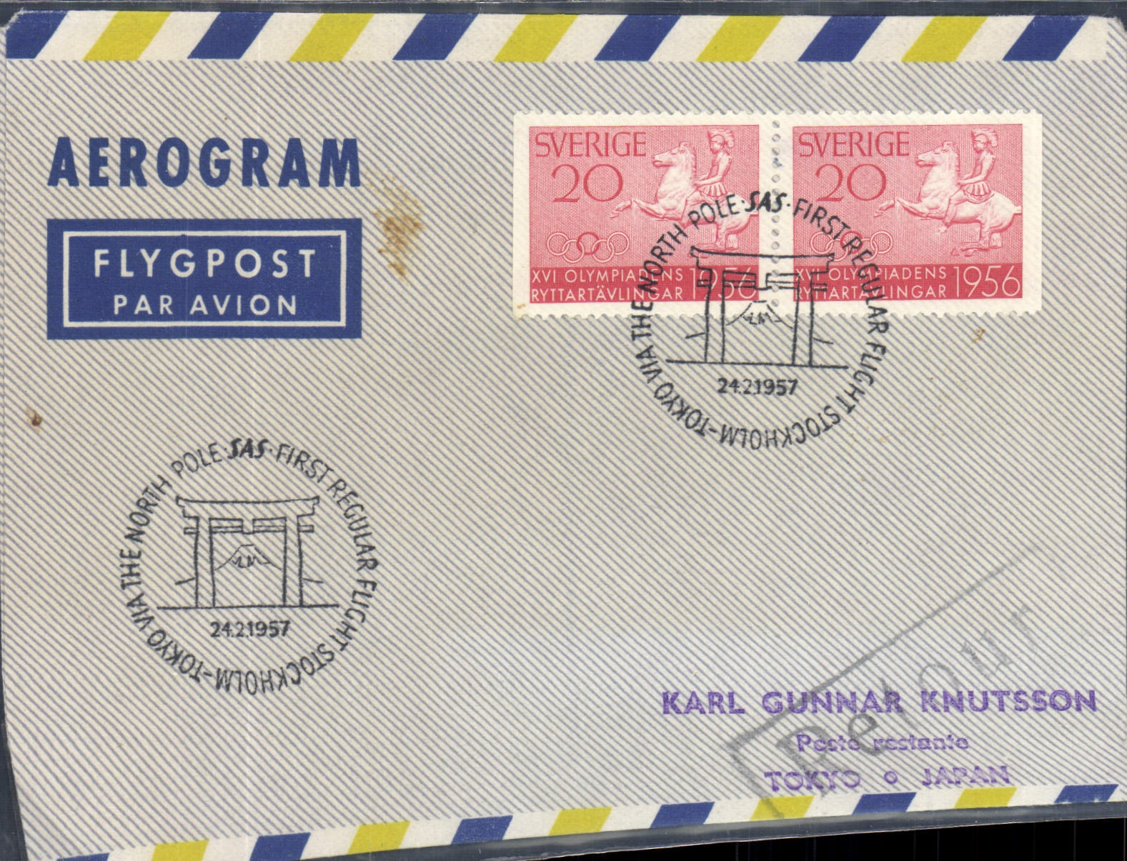 Aerogramme Suede North Pole Sotckholm Tokyo 24 2 1957
