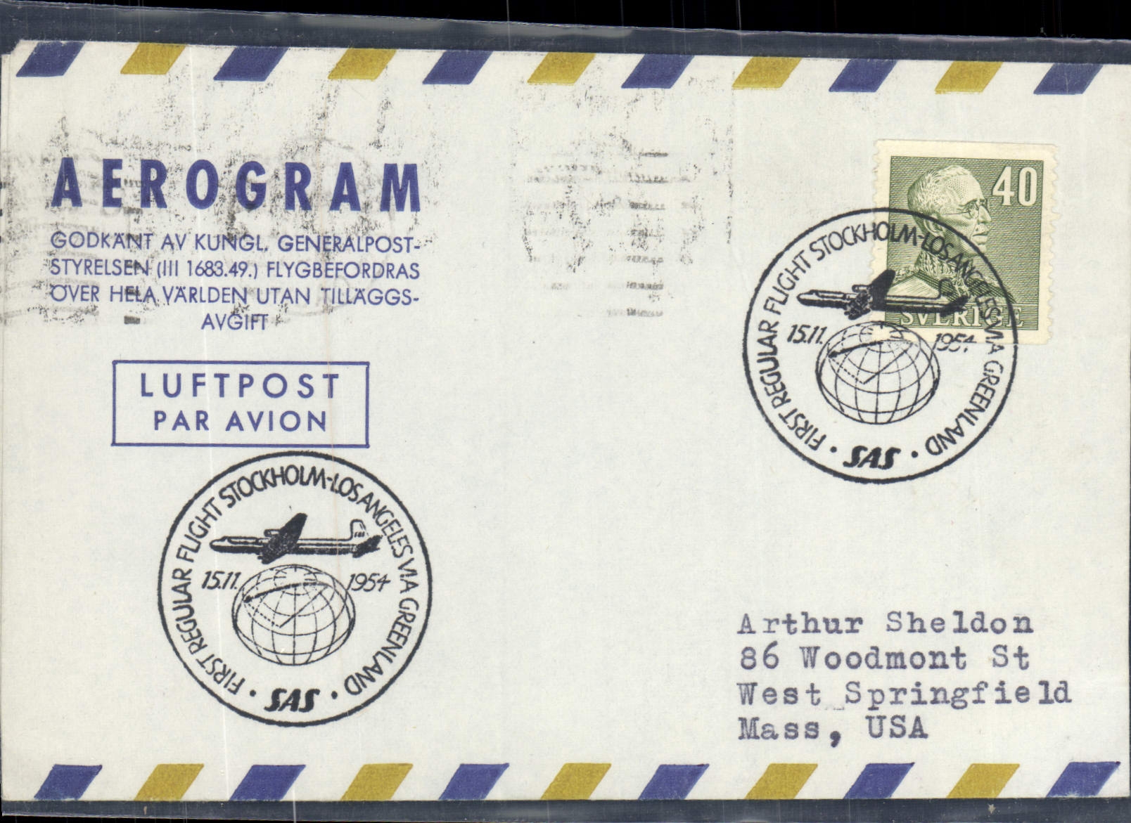 Aerogramme Suede 15 11 1954 Stockholm Los Angeles 15 11 1954
