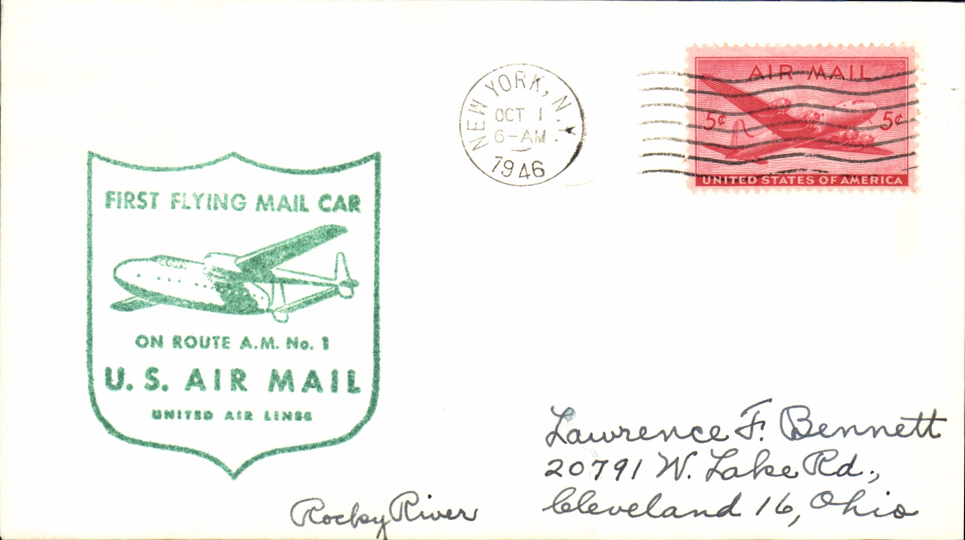 Letter the United States AM 1 First Flying Email Because New York Cleveland 1 10 1946