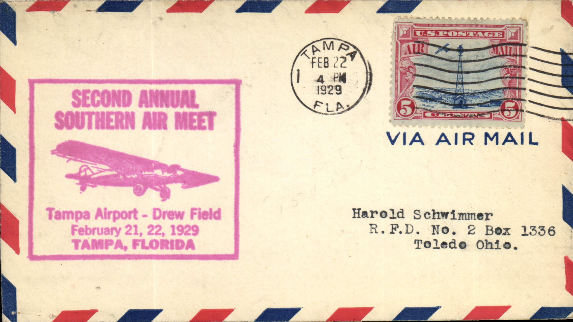 Lettre Etats Unis Flight Tampa Drew Field 22 2 1929