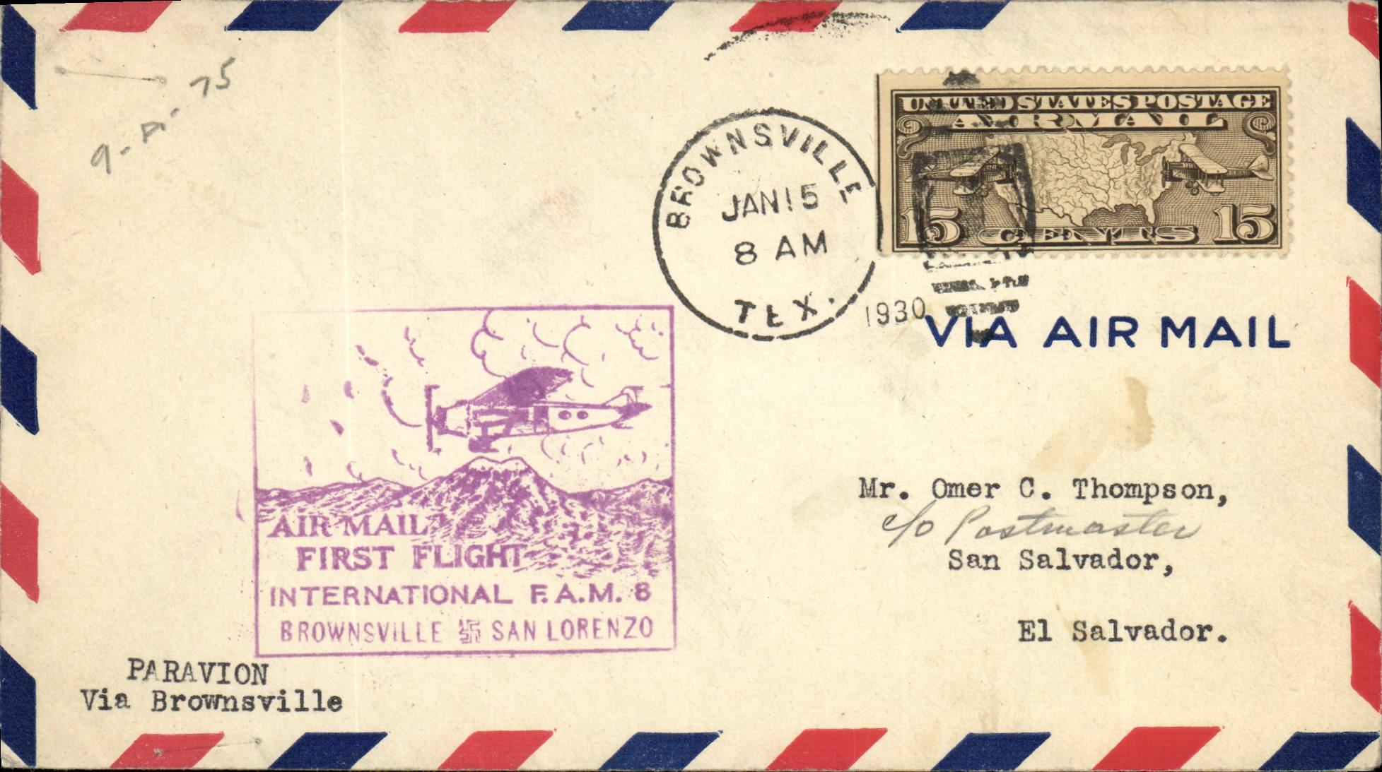 Lettre Etats Unis 1st Flight Brownsville San Lorenzo 15 1 1930