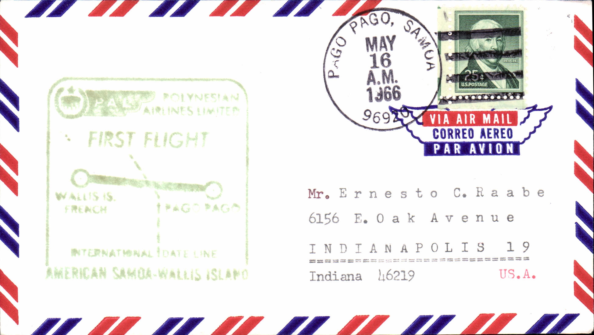 Lettre Etats Unis 1st Flight Pago Pago Wallis 16 5 1966