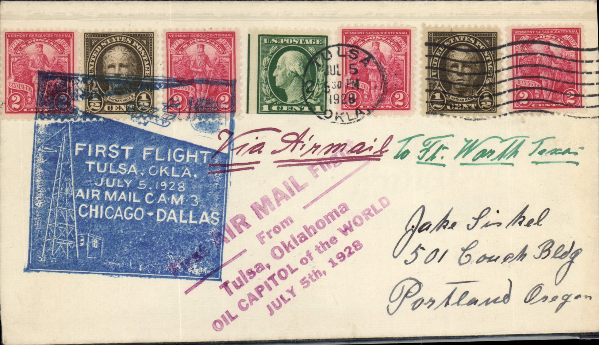 Lettre Etats Unis 1st Flight Tulsa Chicago DAllas 15 7 1928