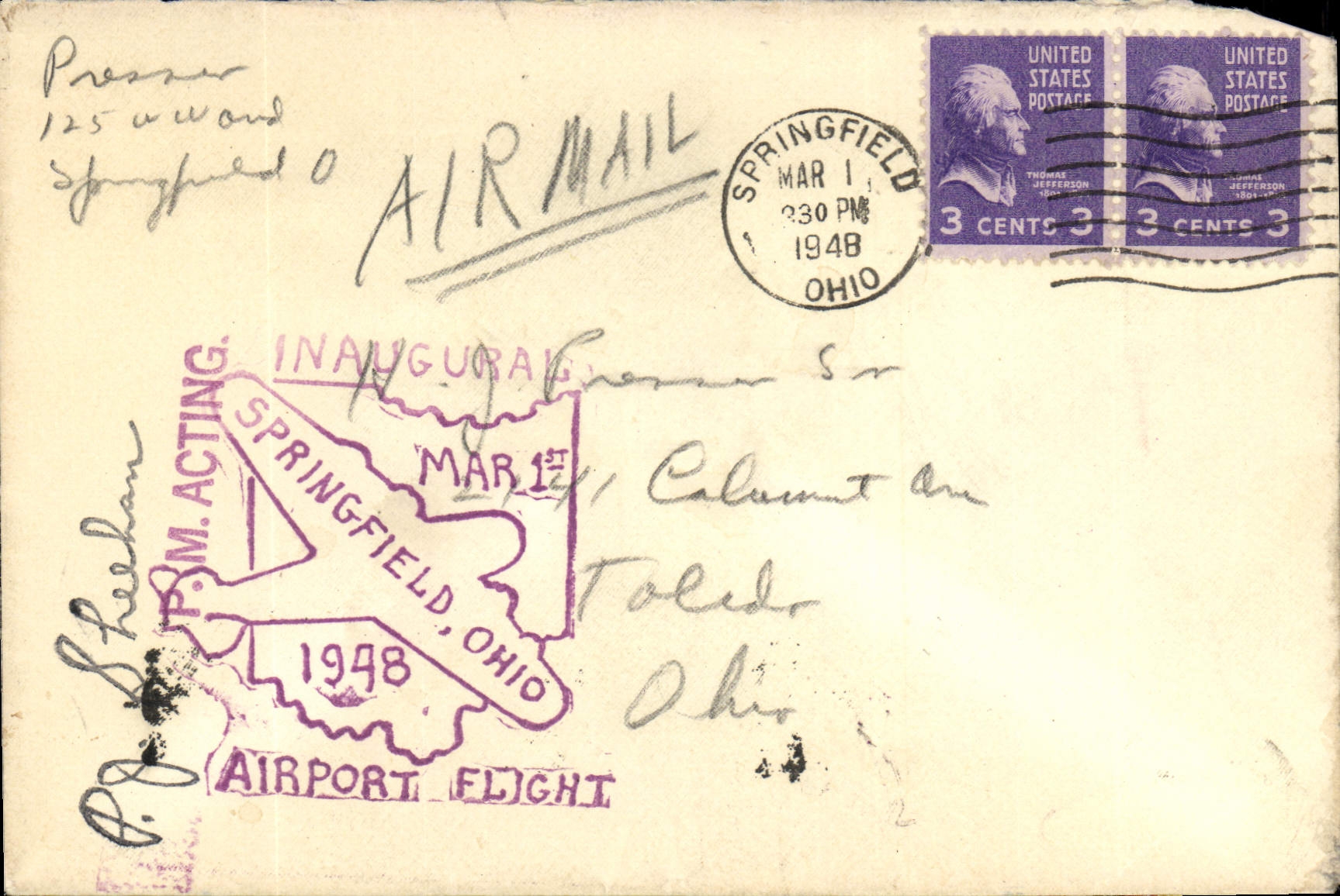 Lettre Etats Unis Flight Springfield 1 3 1948