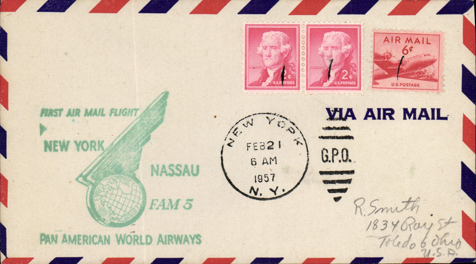 Letter the United States 1st Flight New York Nassau FAM 5 21 2 1957