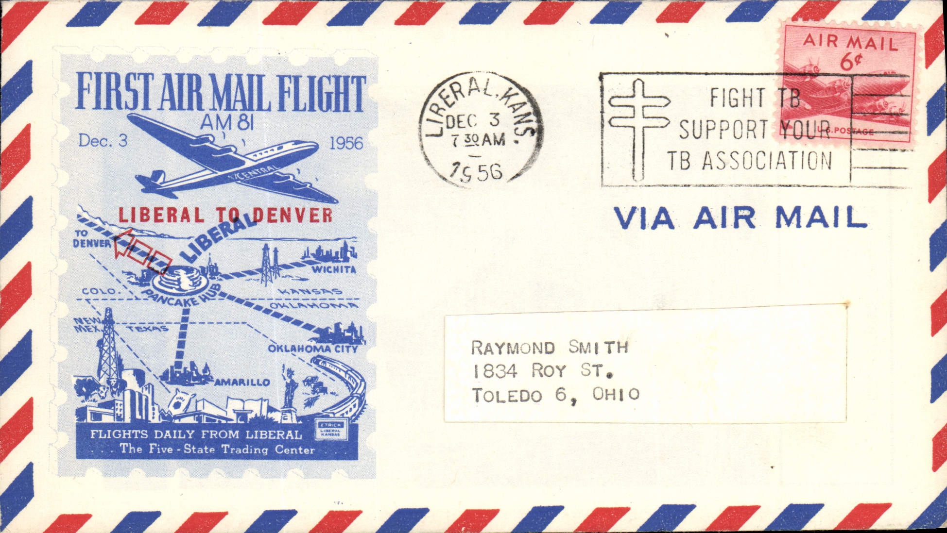 Lettre Etats Unis 1st Flight Liberal Kans 2 12 1956