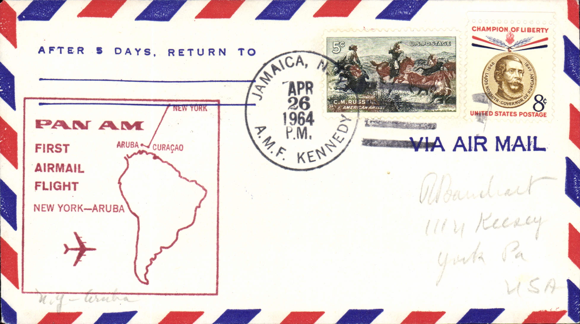 Letter the United States 1st Flight New York ARuba 26 4 1964