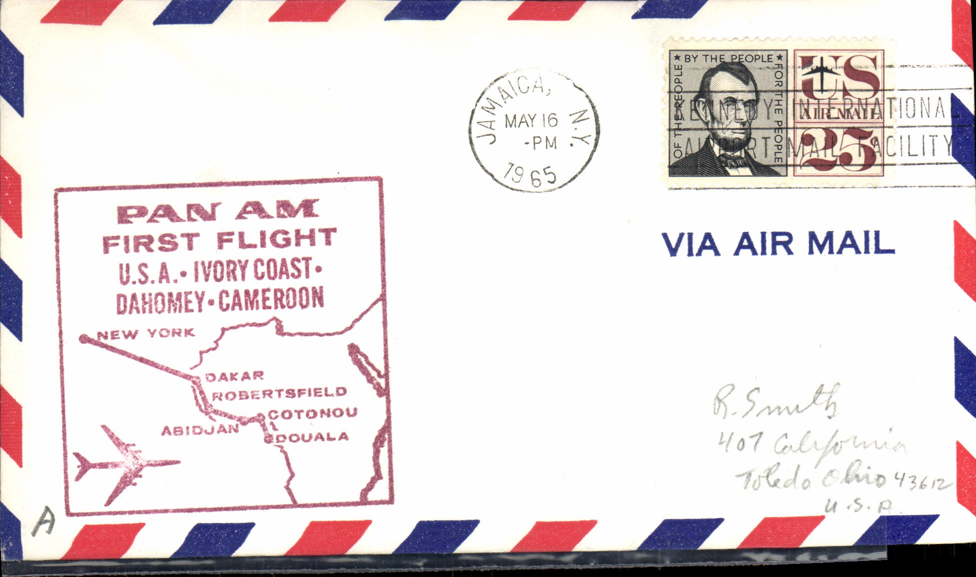 Lettre Etats Unis 1st Flight New York Dakar Dahomey Douala 16 5 1965