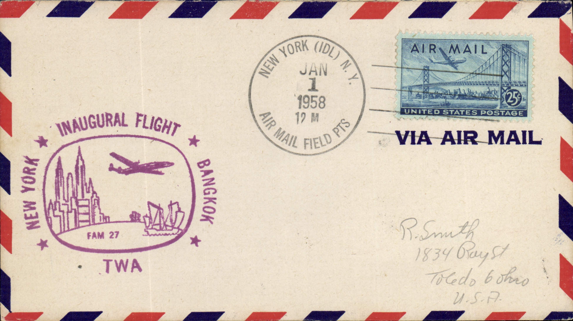 Letter the United States 1st Flight New York Bangkok 1 1 1958