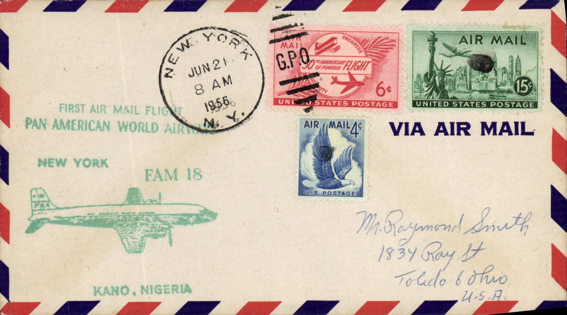 Lettre Etats Unis 1st Flight New York Kano Nigeria 21 6 1956
