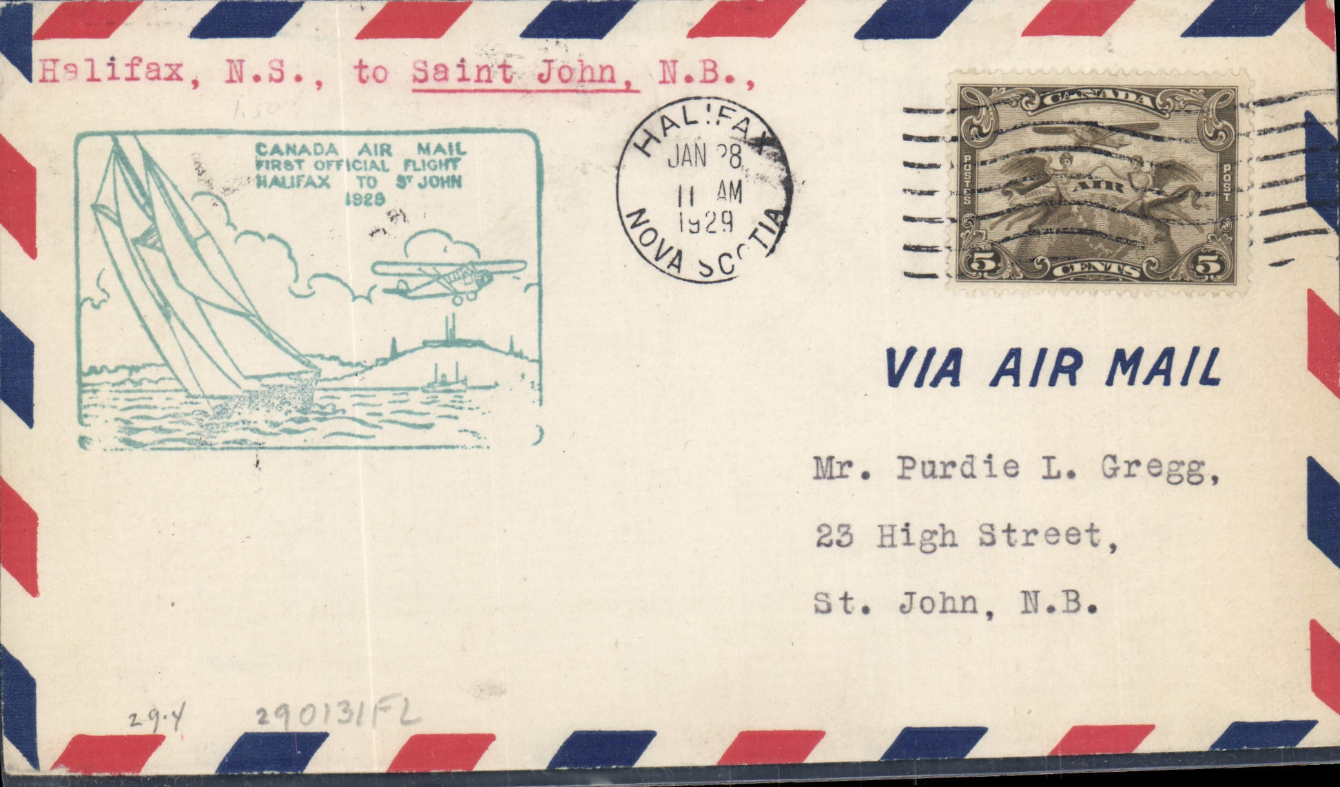 Lettre Canada 1st Flight Halifac to Saint John 28 1 1929