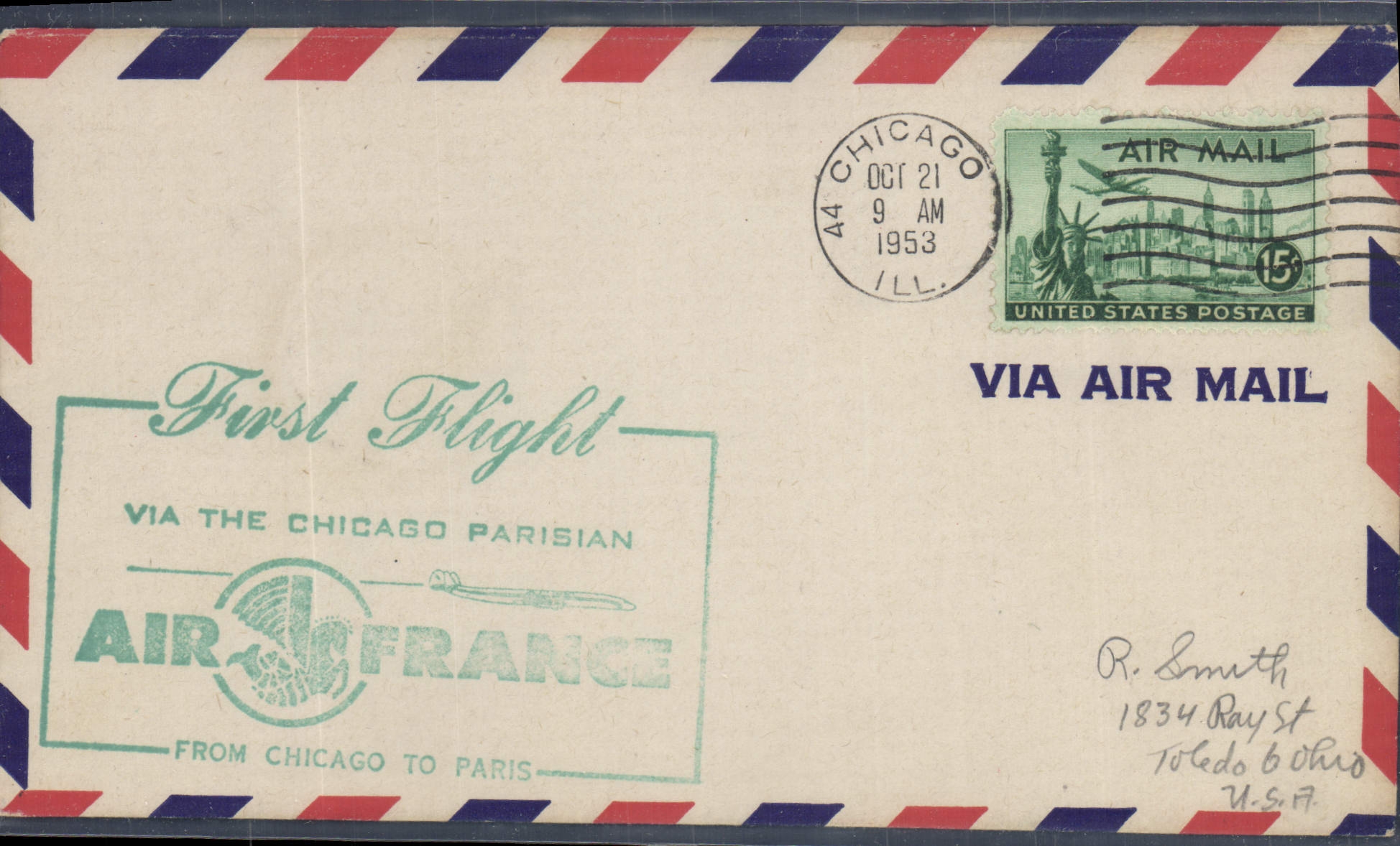 Lettre Etats Unis 1st Flight Chicago Paris 21 10 1953