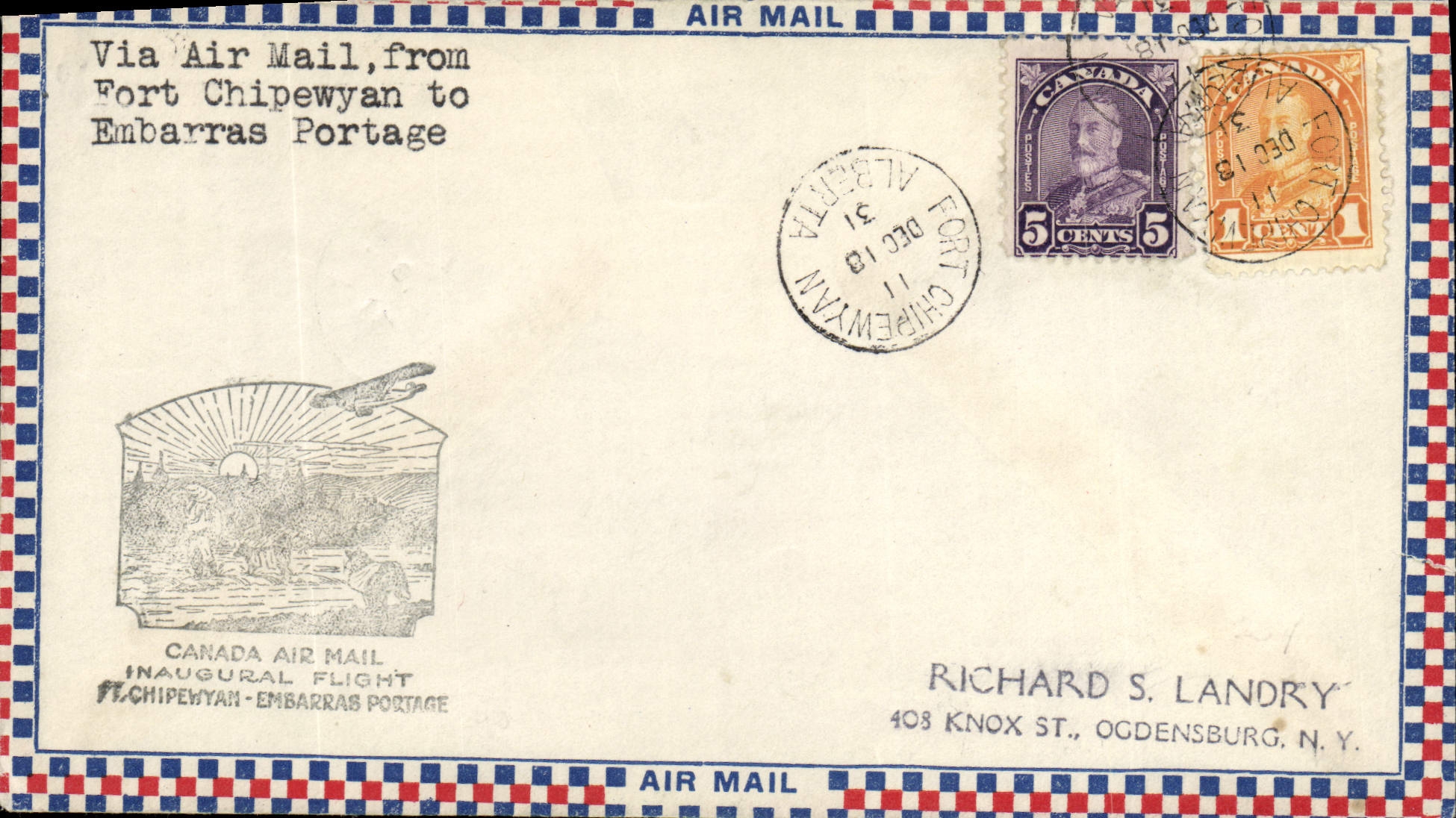 Letter Canada 1st Flight Strong Chipewyan to Embarras Bearing 18 12 31