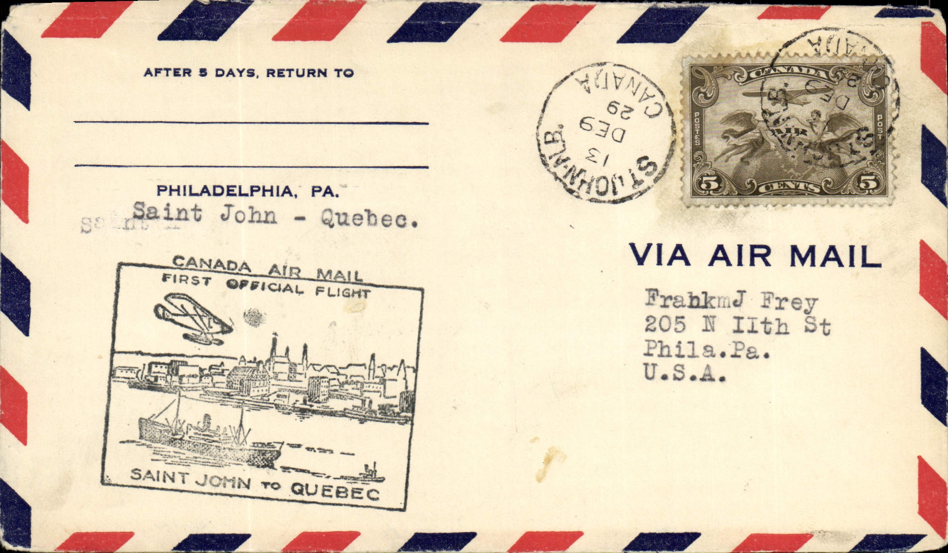 Letter Canada 1st Holy Flight John Quebec 9 12 1929