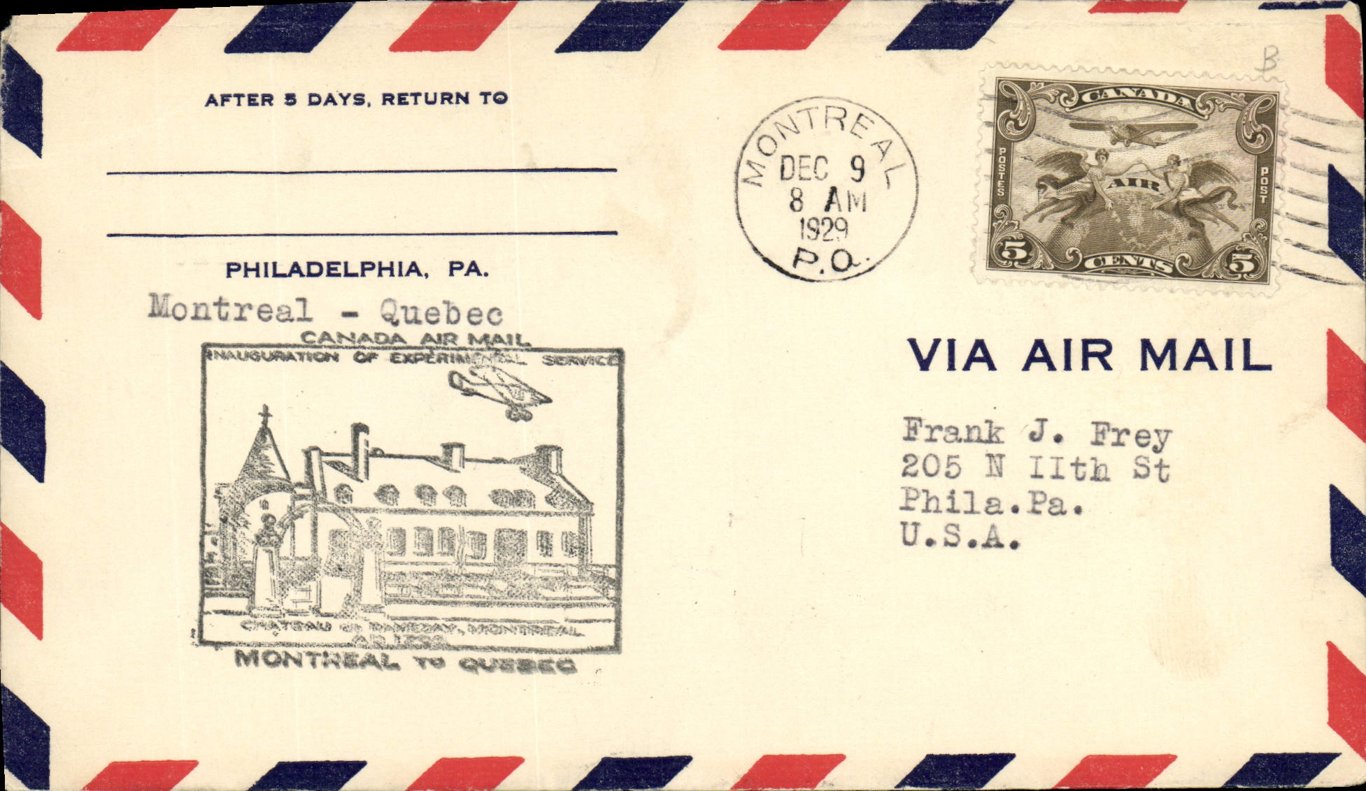 Letter Canada 1st Flight Montreal Quebec 9 12 1929