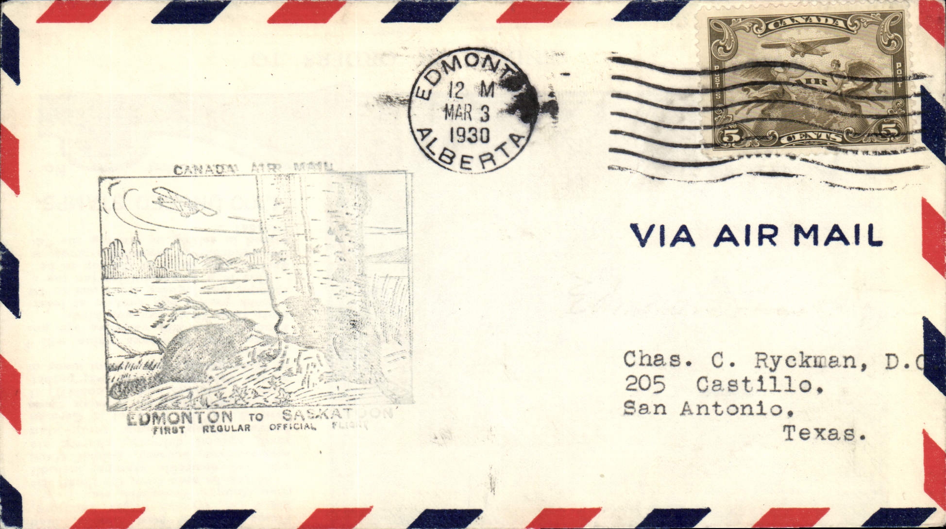 Lettre Canada 1st Flight Edmonton Saskatoon Castor 3 12 1930