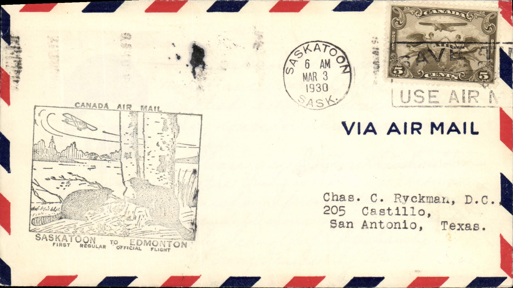 Lettre Canada 1st Flight Saskatoon Edmonton Castor 3 3 1930