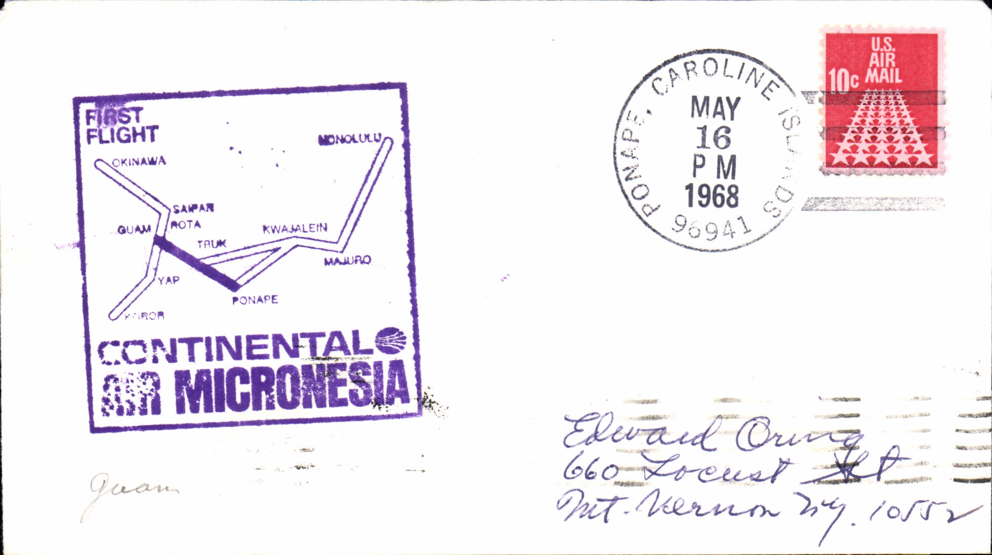 Lettre Etats Unis 1st Flight Air Micronesia Ponape Honolulu 16 5 1968