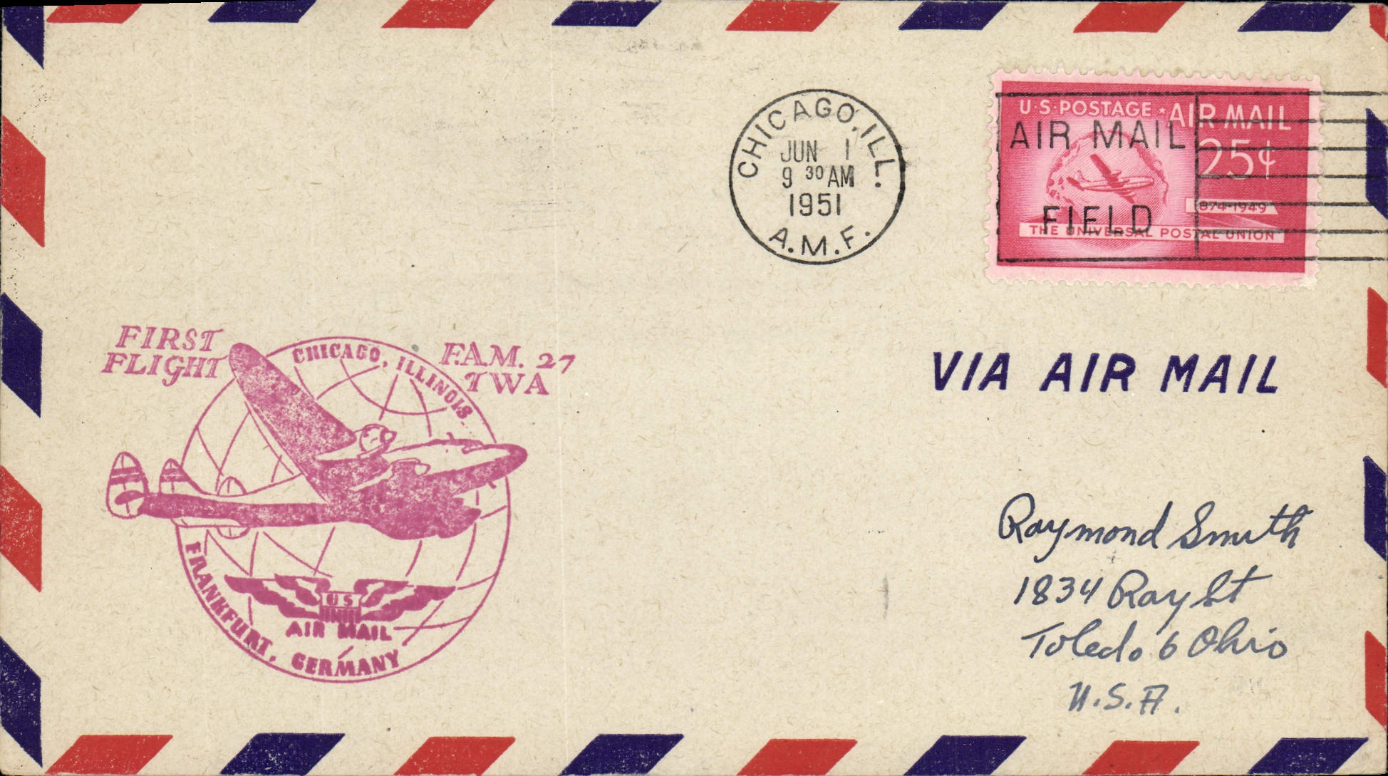 Lettre Etats Unis 1st Flight Chicago Frankfurt 1 6 1951