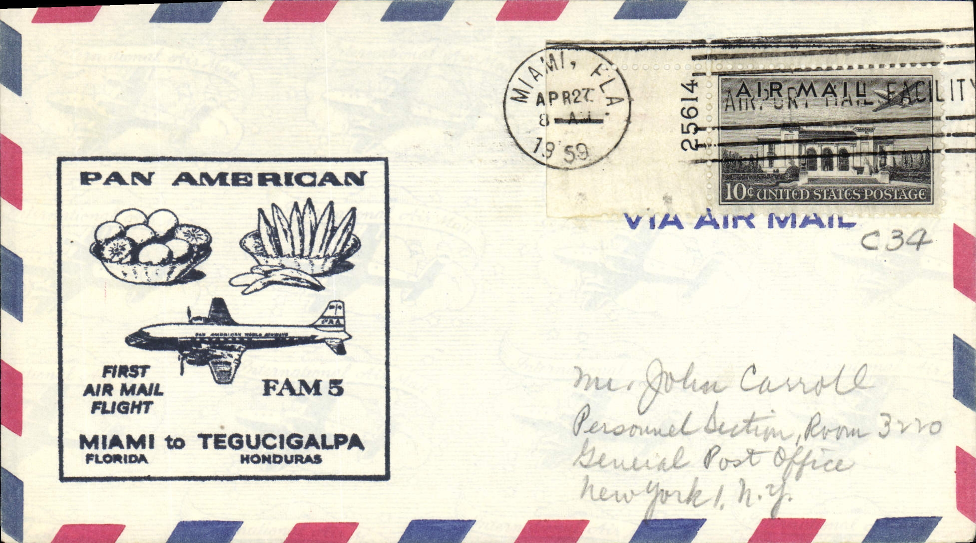 Lettre Etats Unis 1st Flight Miami Tegucigalpa Honduras 27 4 1959