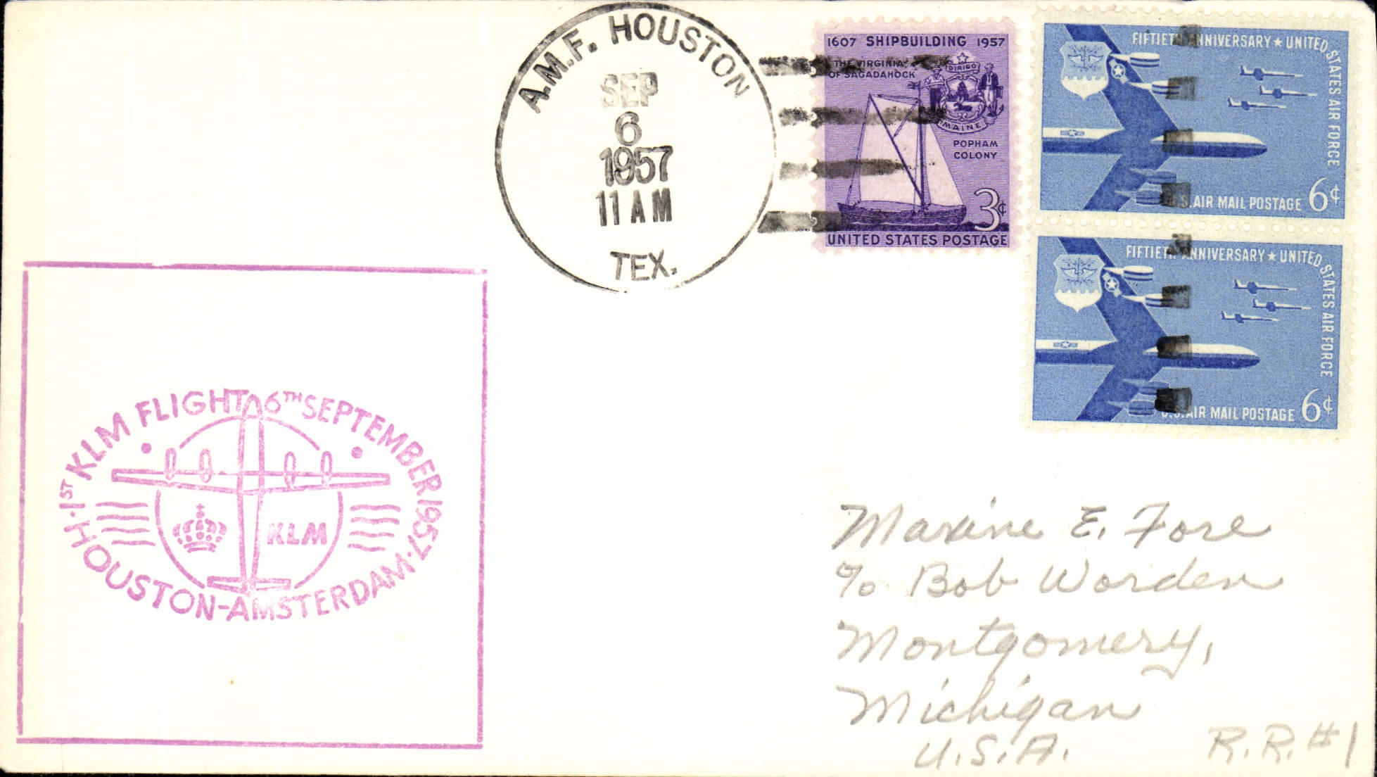 Letter the United States 1st Flight KLM Houston Amsterdam 6 9 1957