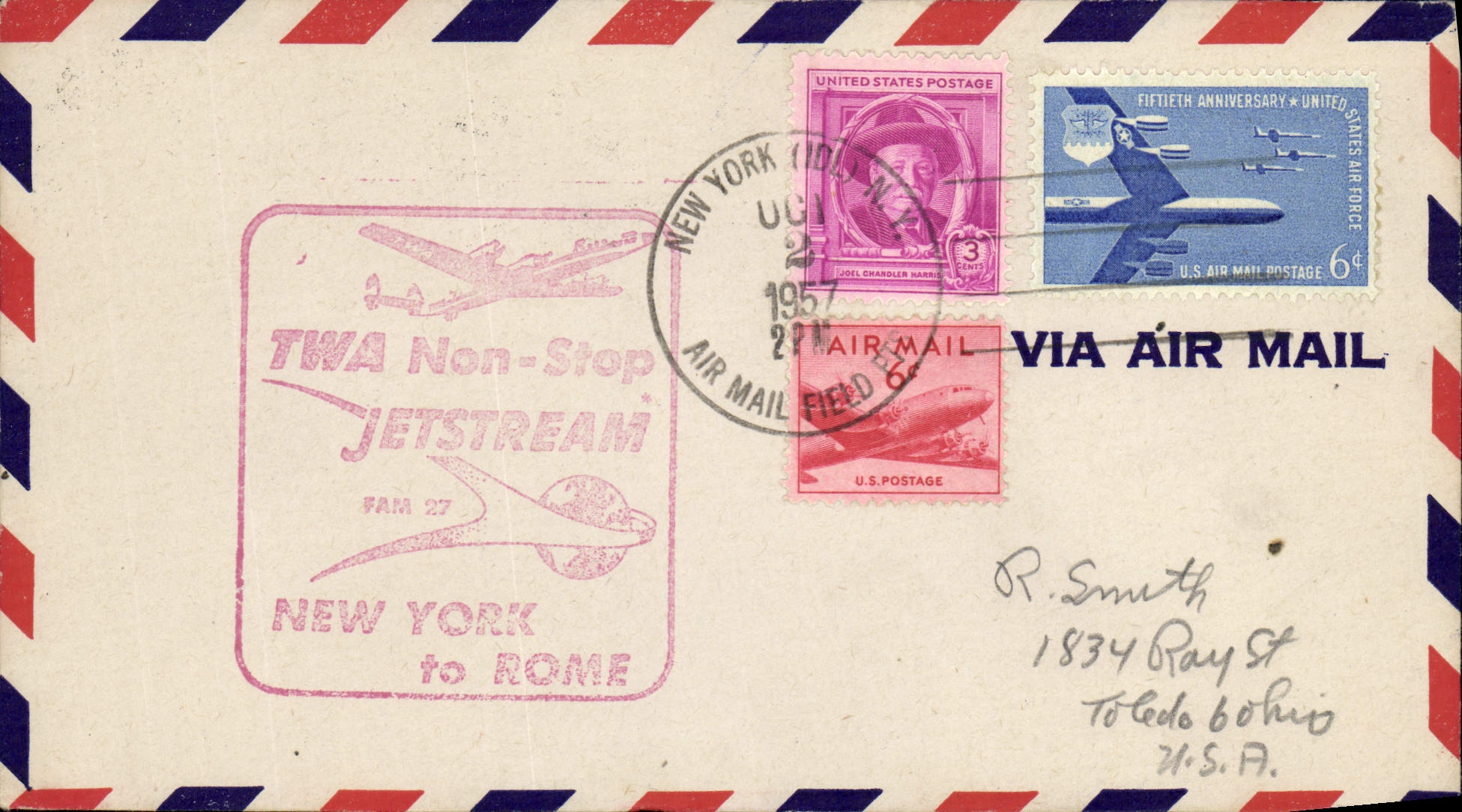 Letter the United States 1st Flight New York Rome 2 10 1957