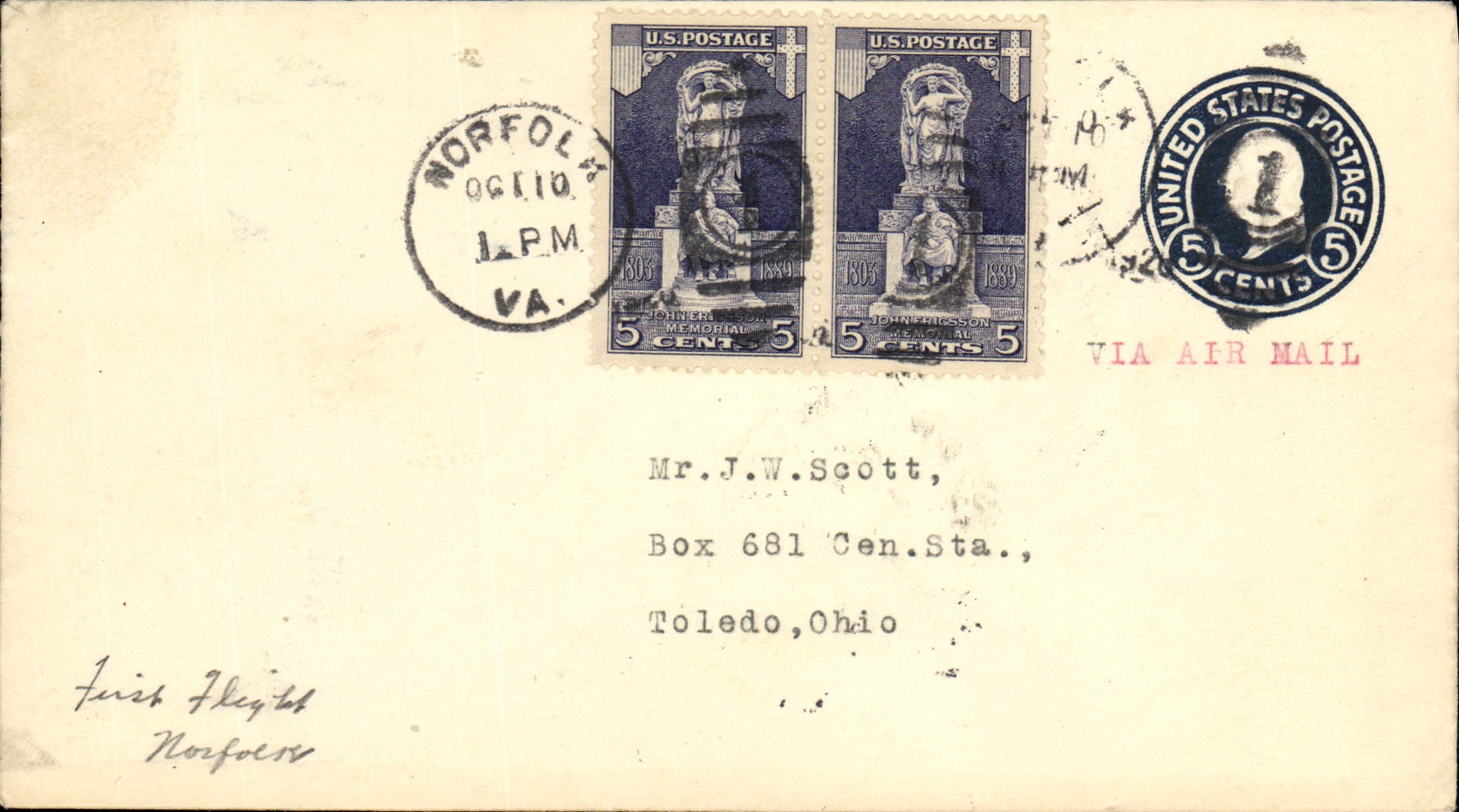 Lettre Etats Unis 1st Flight Norfolk to Toledo 10 10 