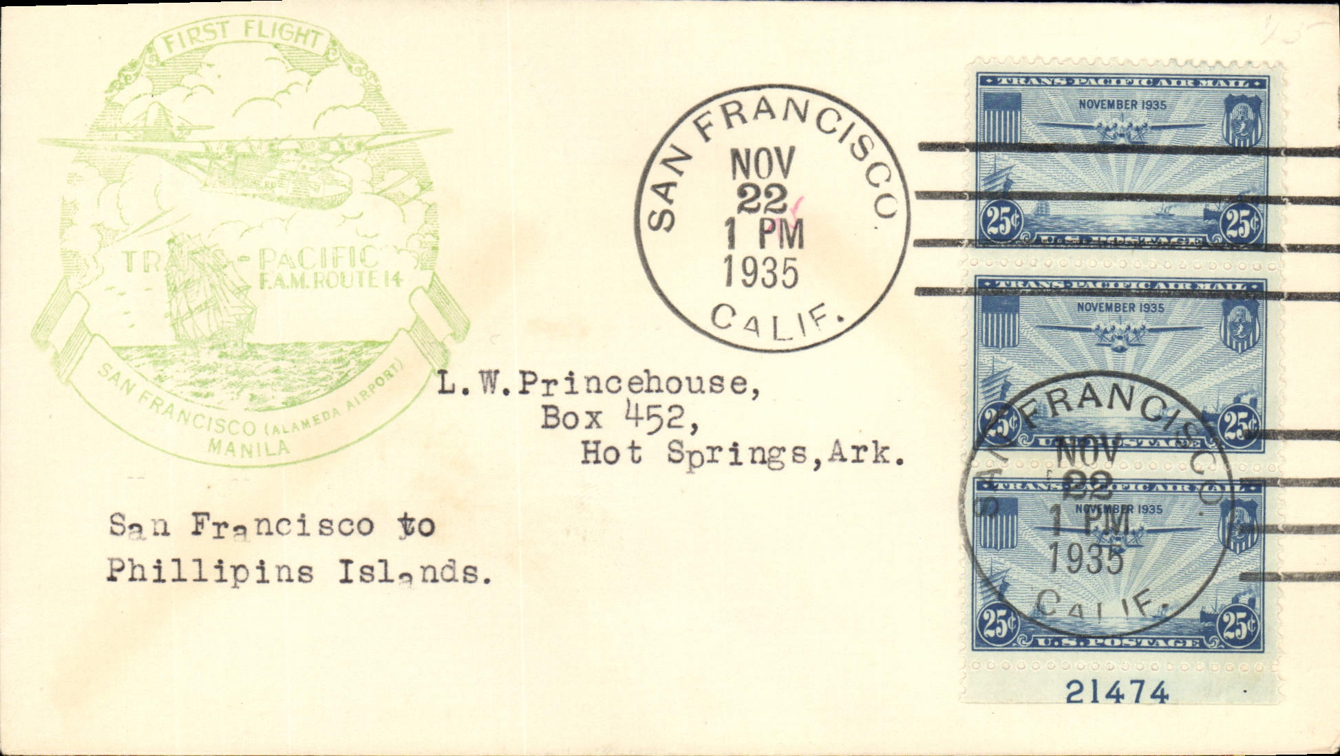 Lettre Etats Unis 1st Flight San Francisco t Philippins Islands 22 11 1935